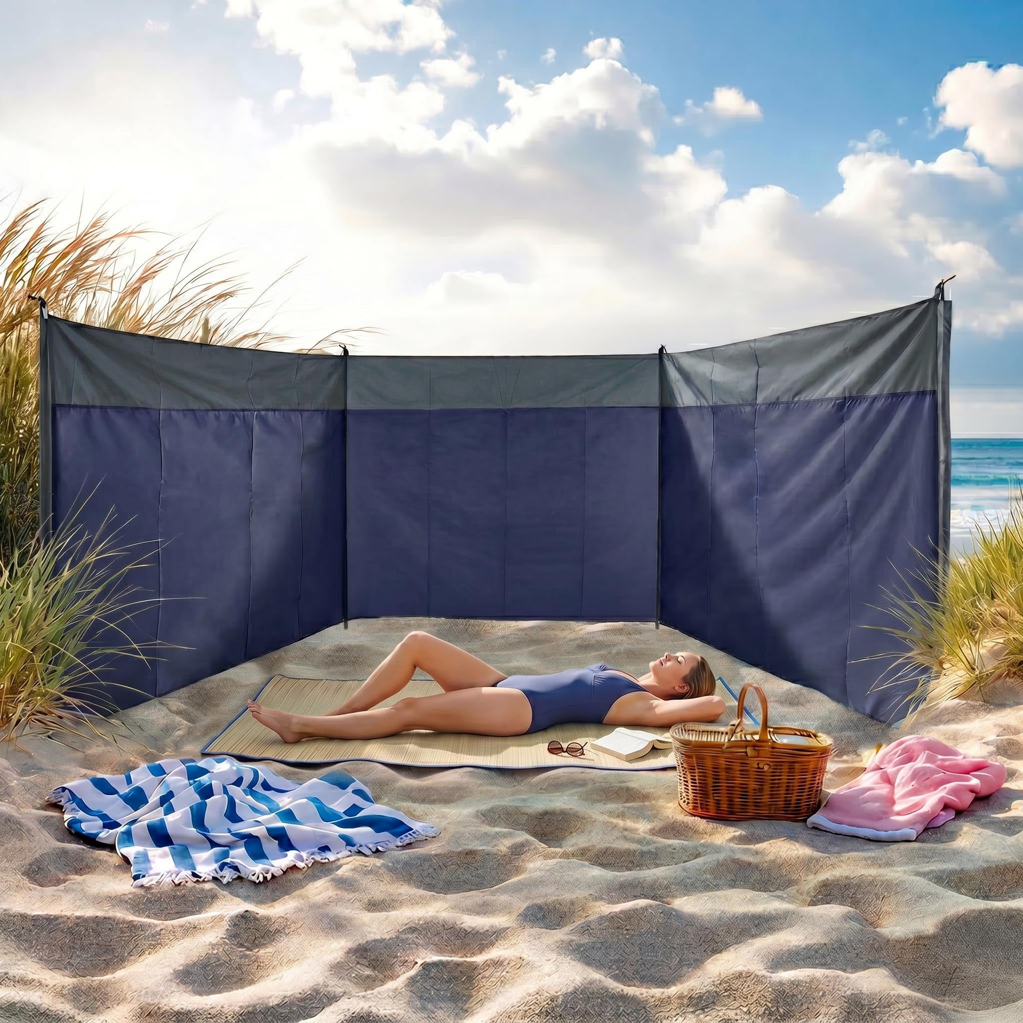 Brise-vent bleu avec sac de transport - 500 x 140 cm - Brise-vue pour camping avec corde et piquets - XL - Clôture de plage brise-vue pour mer, jardin, piscine - Mur espagnol