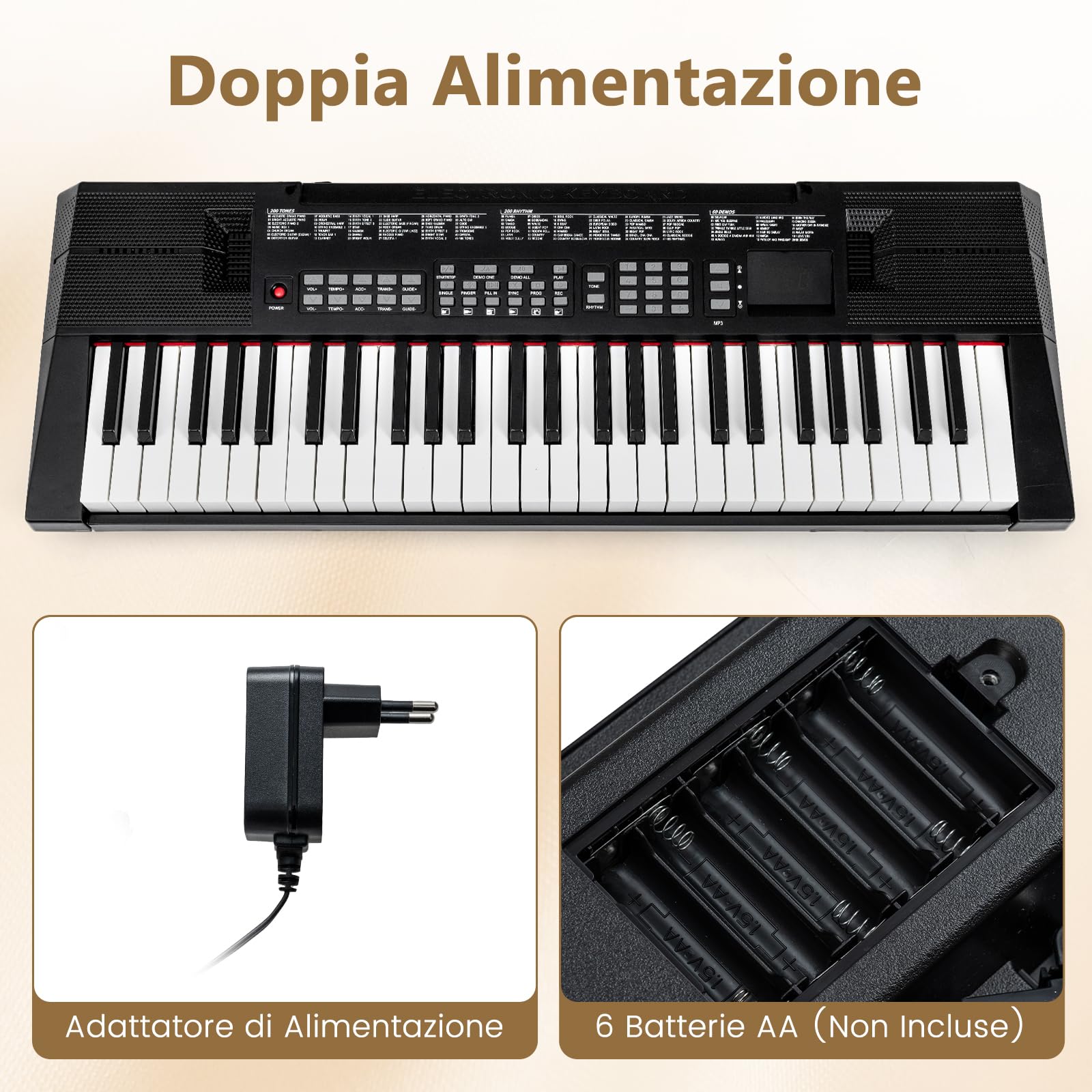COSTWAY Tastiera Pianoforte a 54 Tasti per Principianti, Pianoforte Digitale con 200 Ritmi e 200 Suoni, 60 Demo, Leggio, Strumento Musicale Educativo per Bambini, Adolescenti e Adulti, Nero