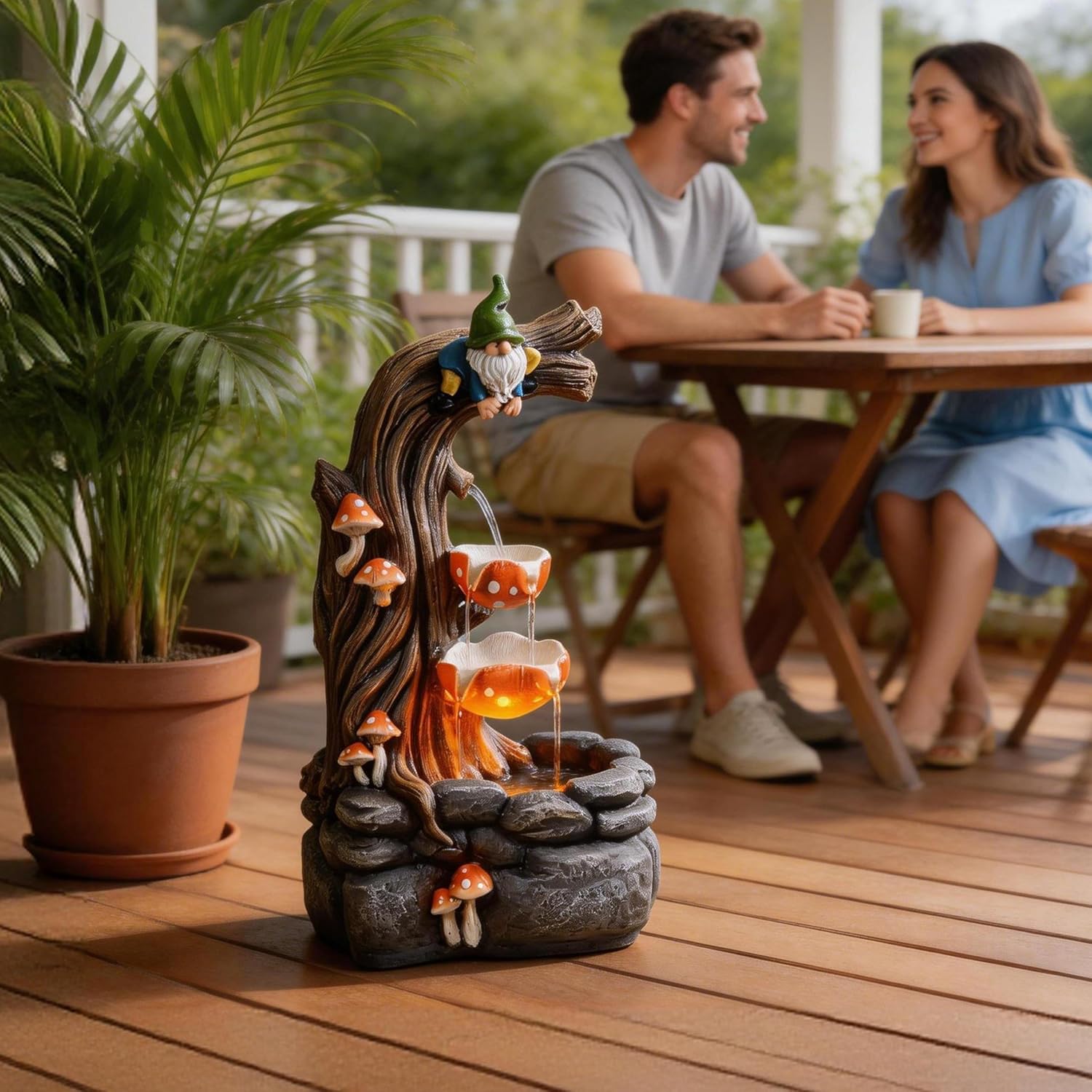 Gnome Outdoor Water Fountain with Warm LED Lights, Cascading Mushroom Waterfall on Tree Stump, Whimsical Garden Decor & Yard Art for Patio, Lawn, Porch and Indoor Tabletop