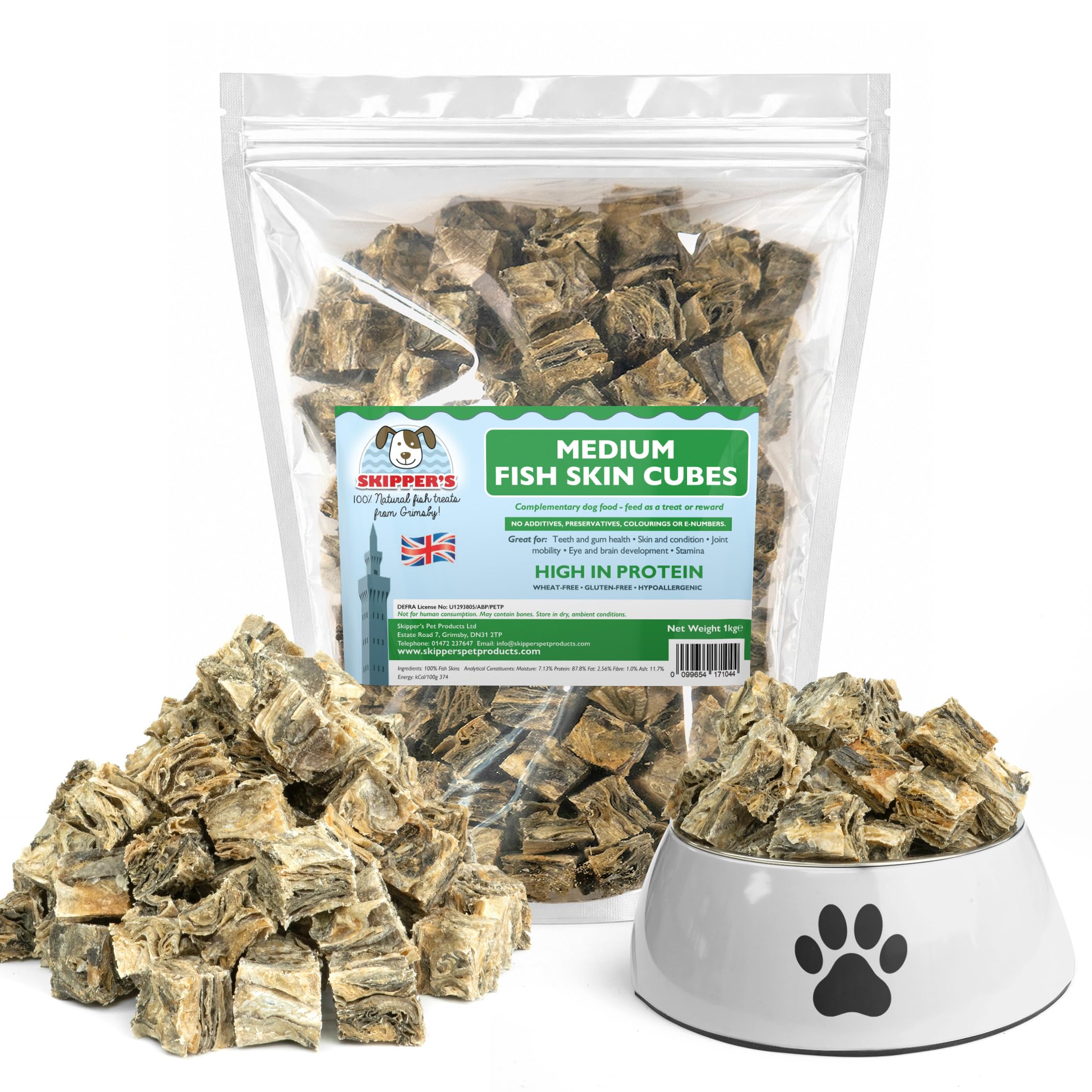 SKIPPER'S Whitefish Skin Jerky Cubes Medium 1kg Grain Free Dog Treats