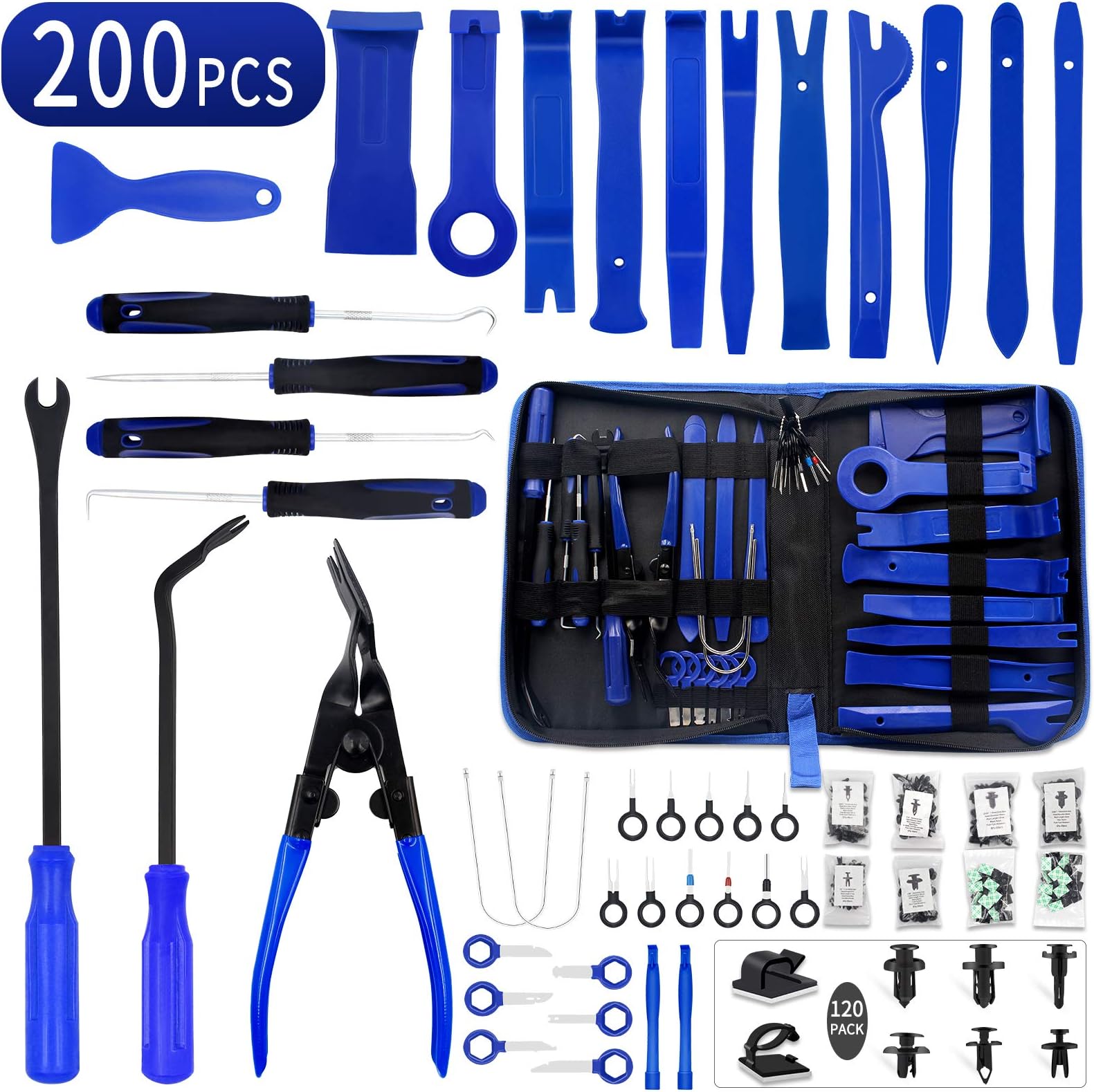 Trim Removal Tool, 200PCS Trim Tool Auto Removal Kit, Plastic Panel Fastener Removal Tool, Trim Removal Kit for Car/Trim/Panel/Door/Audio/Auto Clip Pliers/Terminal Removal Tool Kit (Blue)
