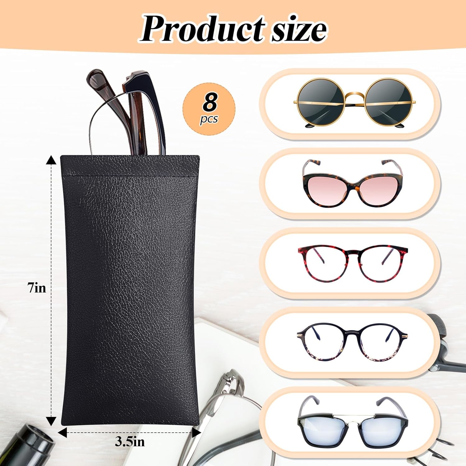 Xuhal 8 Pcs Leather Glasses Case Sunglasses Pouch Eyeglass Case Soft Squeeze Top Portable Travel Glasses Sleeve for Women Men - Image 2