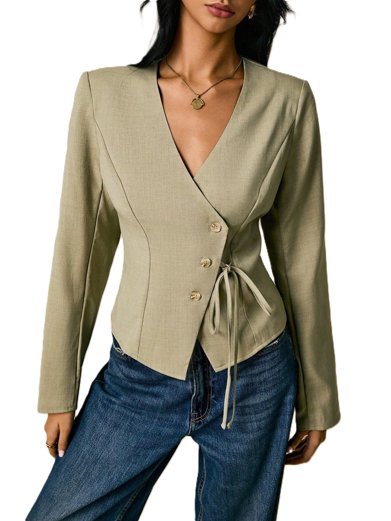 zurity Women's Tops | Casual Wrap V Neck Top | Long Sleeve Textured Side Tie Shirt | Elegant Slim Fit Crossover Tunic | Stylish Office Wear & Trendy Streetwear Apparel(38-K-1-4)-picture-19