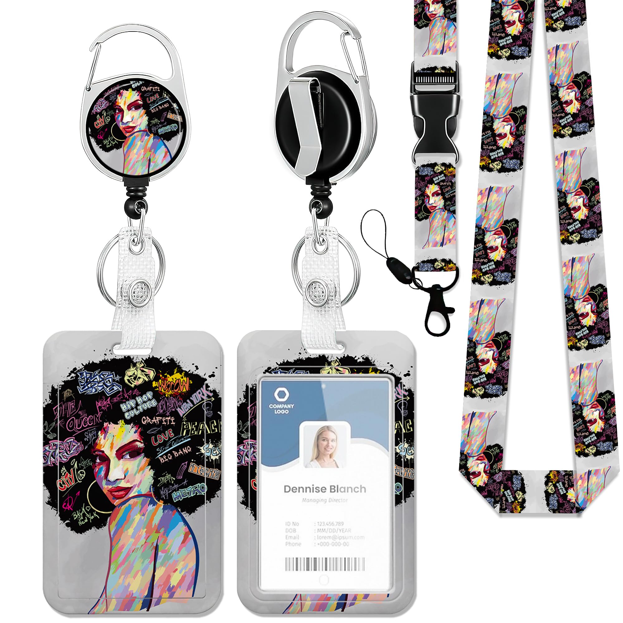 Badge Holder with Lanyard,Black Girl Lanyards for ID Badges, Badge Holder with Breakaway Lanyard Keychain, Card Protector for Women, Gifts for Teacher