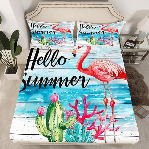 Manfei Sábana bajera ajustable de flamenco rosa, tamaño matrimonial, juego de ropa de cama de playa de verano de 3 piezas para decoración de