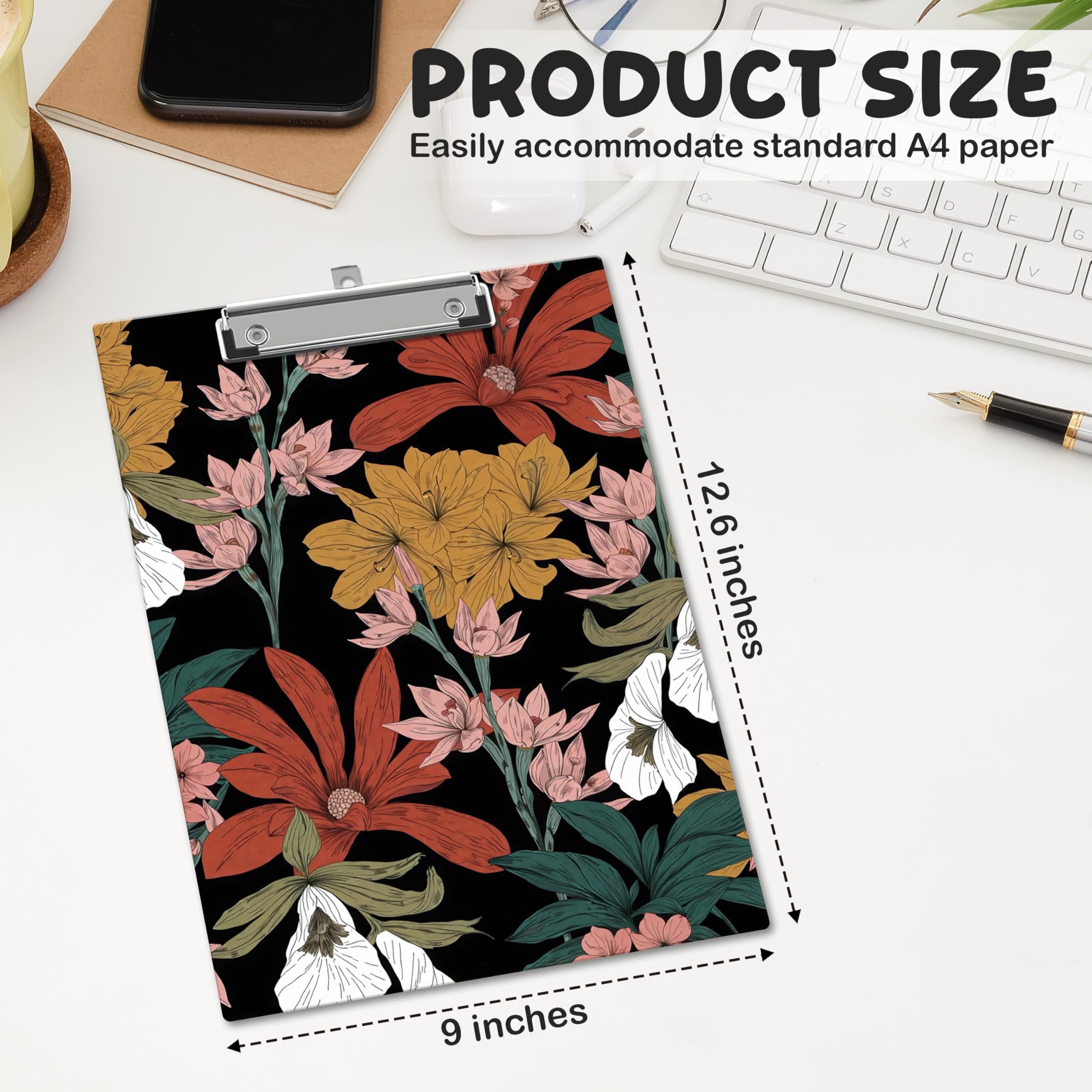 Portapapeles bohemio floral con clip de perfil bajo para uso escolar en la oficina, tableros de madera para enfermeras, profesores, estudiantes, A01