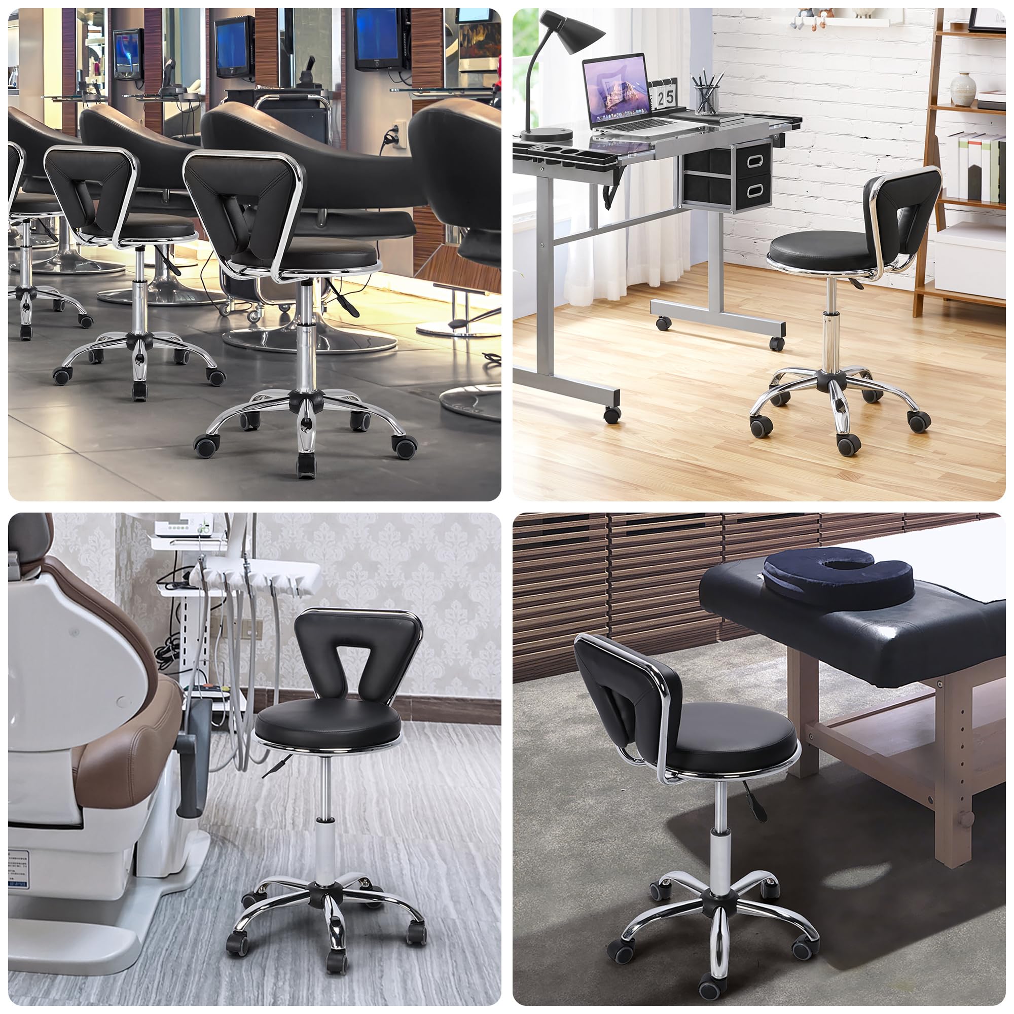 Yaheetech Sgabello Estetista con Schienale con Ruote Altezza Regolabile Girevole per Estetista Parrucchiere Ergonomico Ufficio Studio Scrivania Salone Nero
