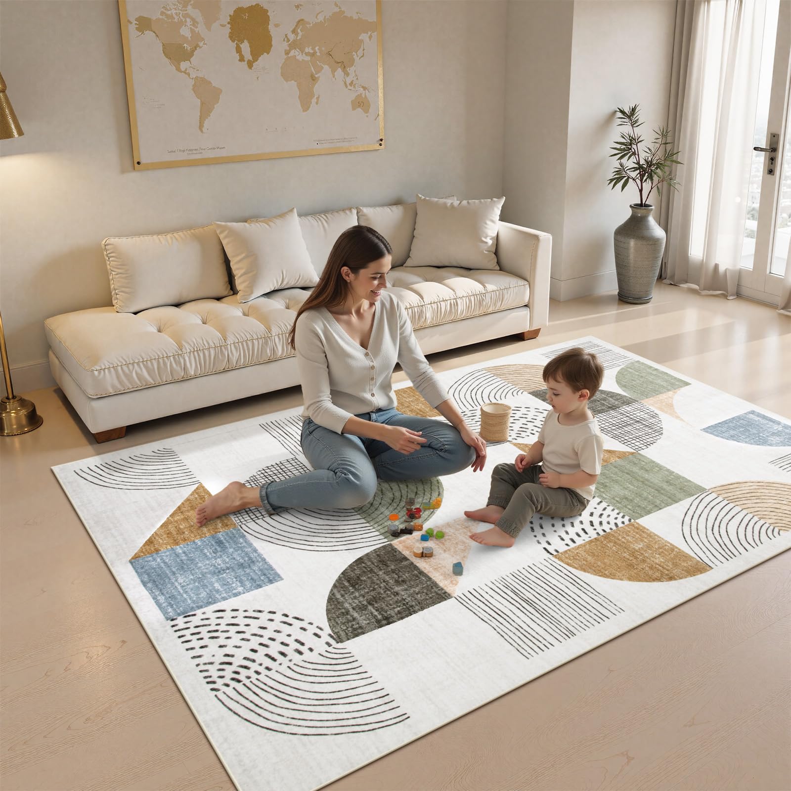 Beeiva Boho Area Rugs for Living Room, 5x7 Washable Area Rug Non Slip Geometric Carpet, Low Pile Lightweight Soft Rugs for Bedroom Home Office, Living