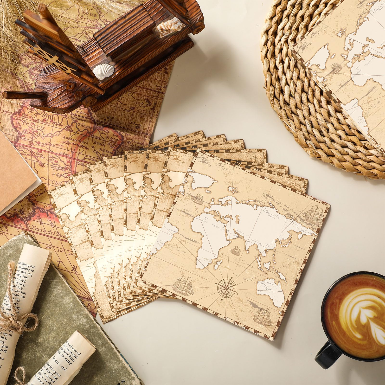 60 servilletas de papel vintage con mapa del mundo, desechables, para decoupage, cumpleaños, boda, despedida de soltera, viajes, fiesta temática (6.5 x 6.5 pulgadas)