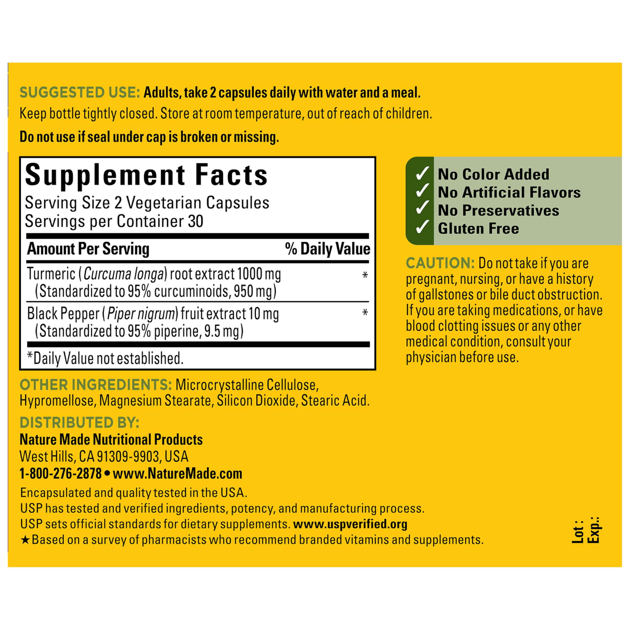 Nature Made Extra Strength Turmeric Curcumin with Black Pepper, 1000mg Turmeric Extract per serving (Standardized to 95% Curcuminoids), Supports Healthy Inflammation Response, 60 Vegetarian Capsules