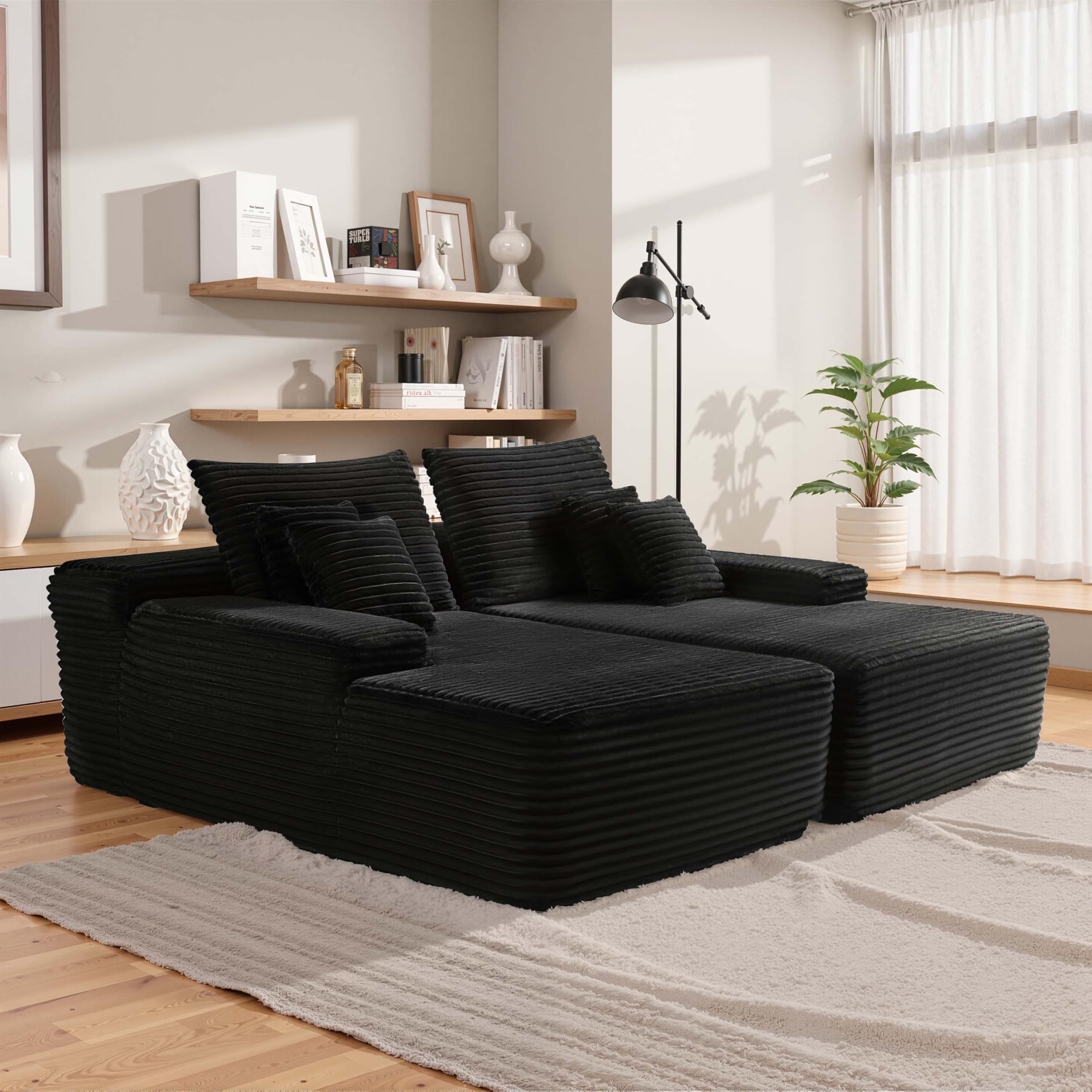 Yomsum 82" Oversized Sectional Couches for Living Room, Black Corduroy Boneless Sofa Bed, Double Comfy Chaise Lounge Chair Indoor, Cloud Couch No