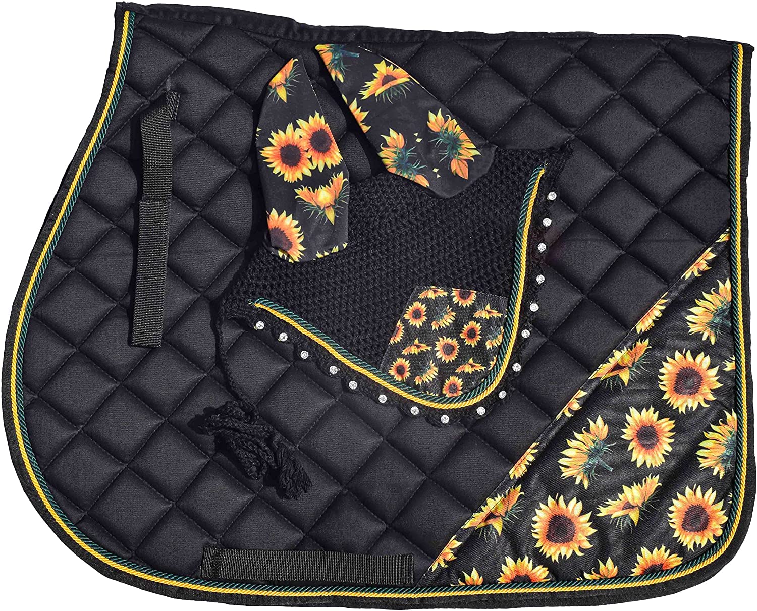 Sunflower All Purpose English Saddle Pad, Handmade Jumping Saddle Pad, Fly Bonnet (COB)