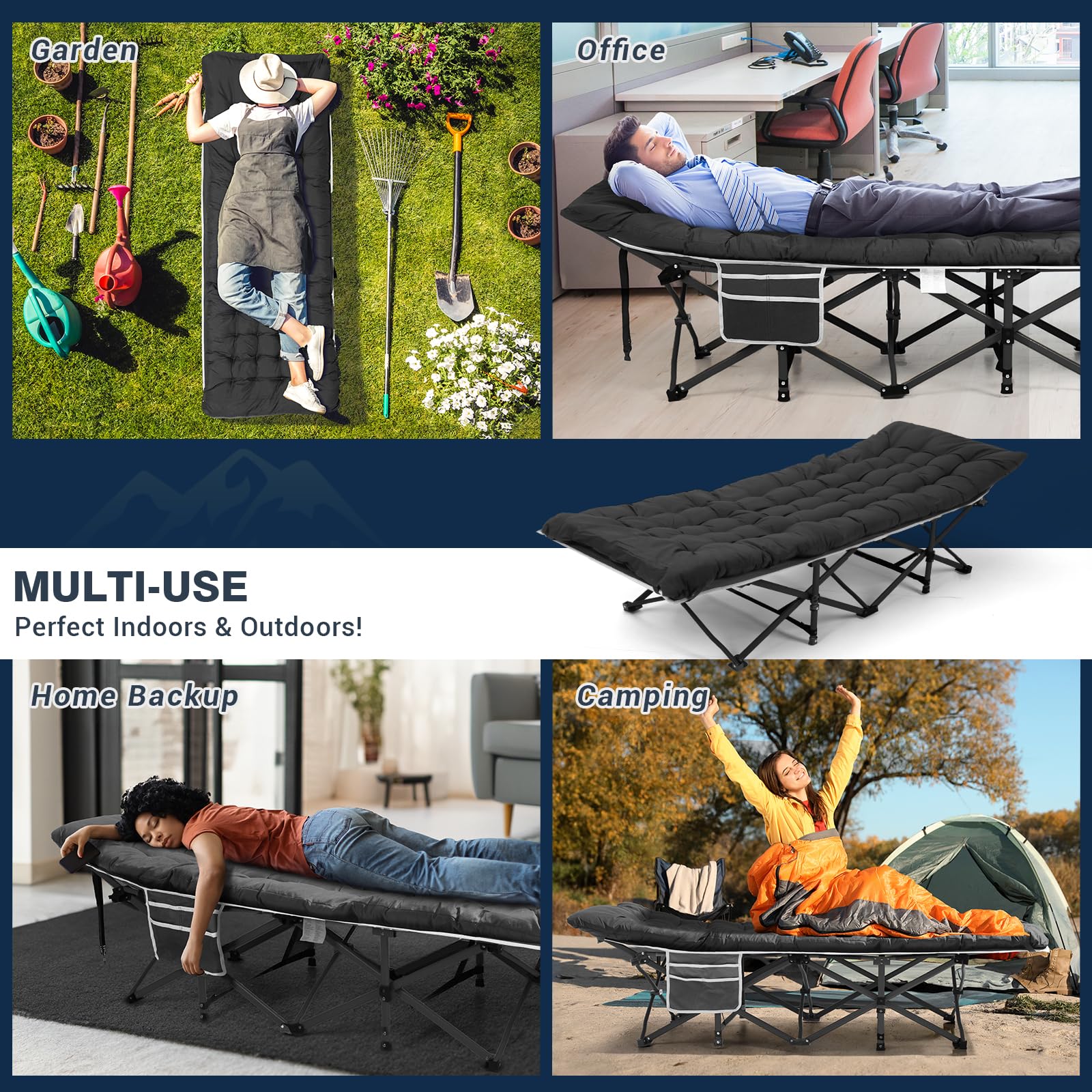 OVERMONT Cama de Camping Plegable con Colchón - Cama Plegable 190 x 71 x 36 cm - Soporta 250 kg - Tela Oxford 2400D con Bolsillo Lateral - Bolsa de Transporte para Camping Jardín Oficina - Azul/Negro