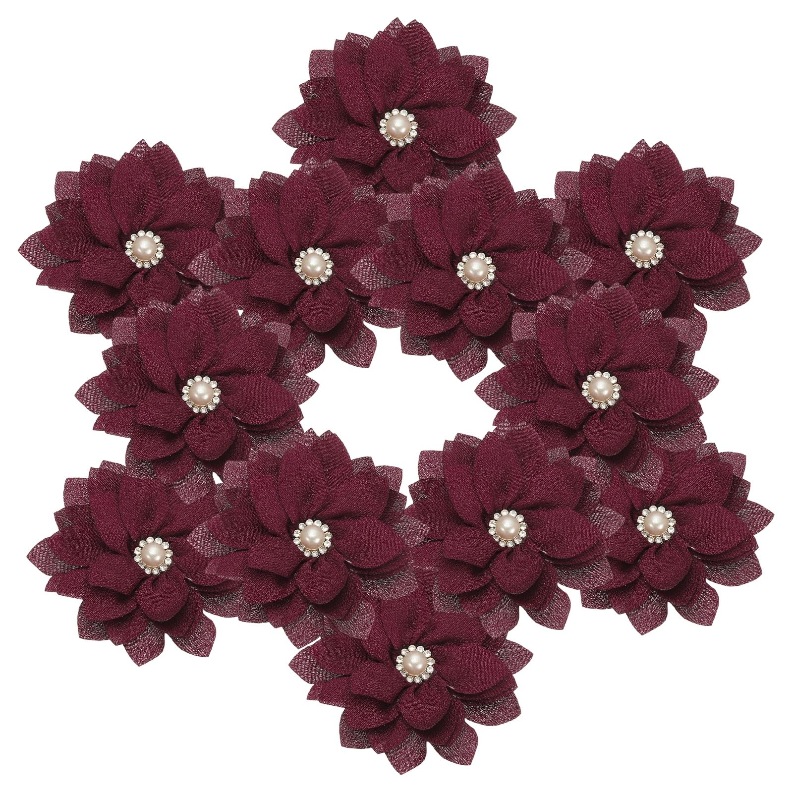 Fleurs en tissu appliques de couture strass bricolage diy mariage ruban bandeau rouge vin x12