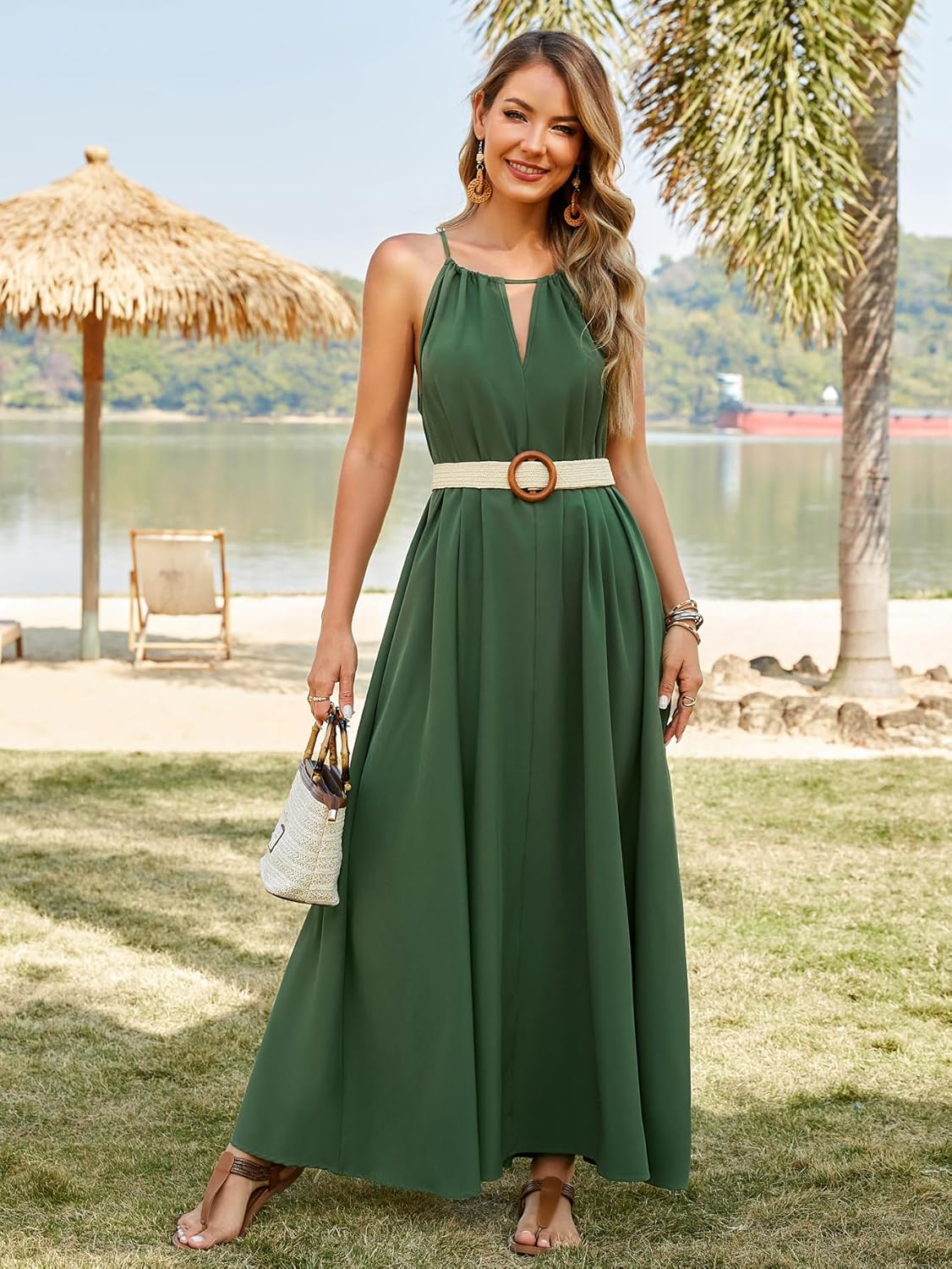 Kikibell Women's Halter Sleeveless Swing Flowy Maxi Summer Loose Pleated Long Sundress for Beach Vacation - Image 3