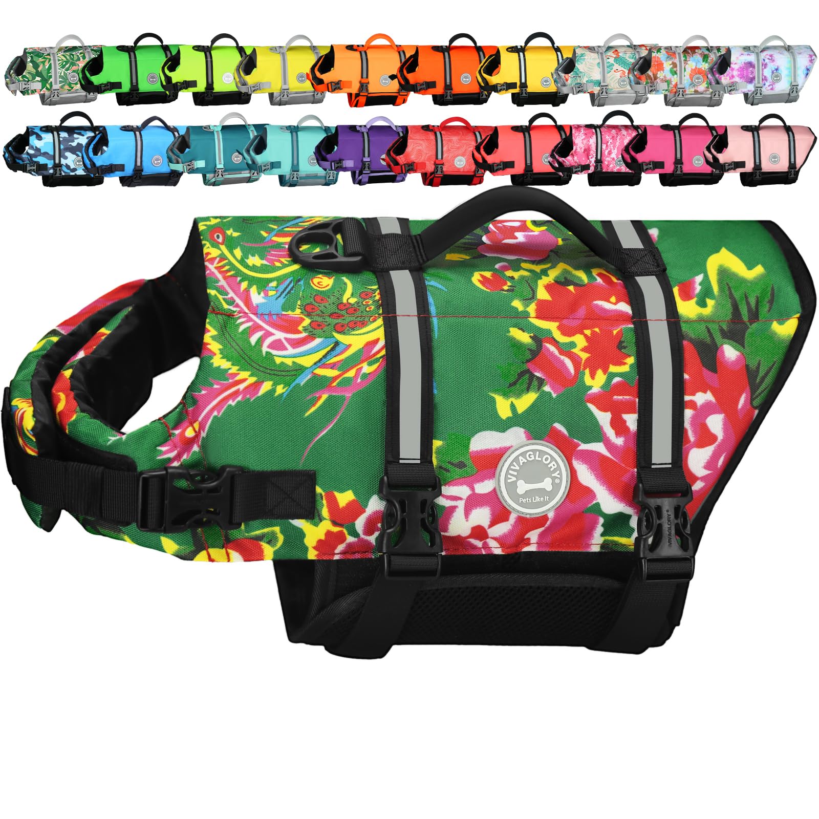 VIVAGLORY Rip Stop Dog Life Jacket, Buoyancy Aid with Handle, Buoyancy for Doggy, Dog Life Jacket for Swimming & Boating, S, Northeast Florals-Green