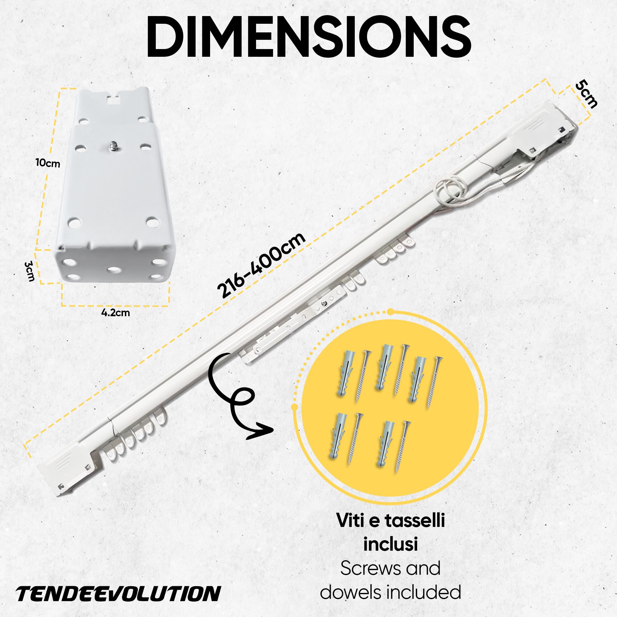 Binario per Tende Estensibile in Alluminio Laccato Bianco, Apertura Personalizzabile con Corda, Binario Tenda Soffitto o a Parete con Supporti, Scorritenda, Riloga per Tende (DA 216 A 400 CM)