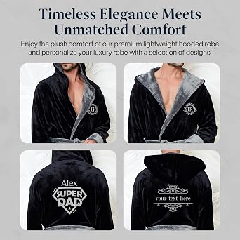 Lotus Linen Custom Hooded Robes for Men - Personalized Embroidered Plush Bathrobe with Monogram