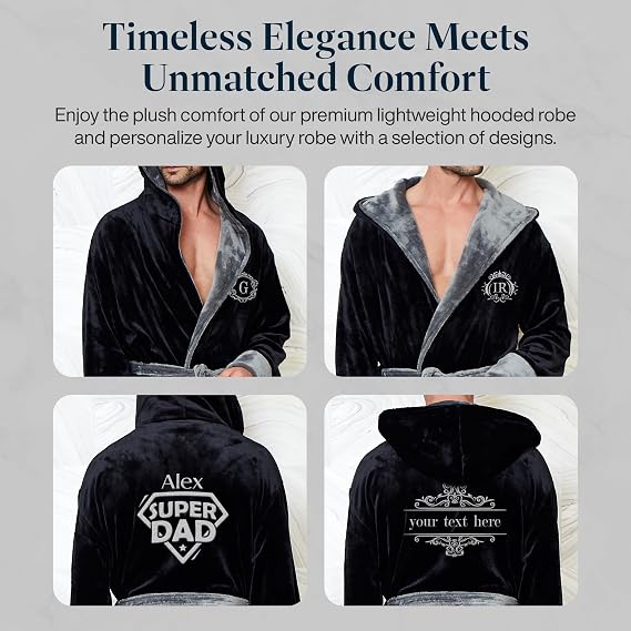 Lotus Linen Custom Hooded Robes for Men - Personalized Embroidered Plush Bathrobe with Monogram