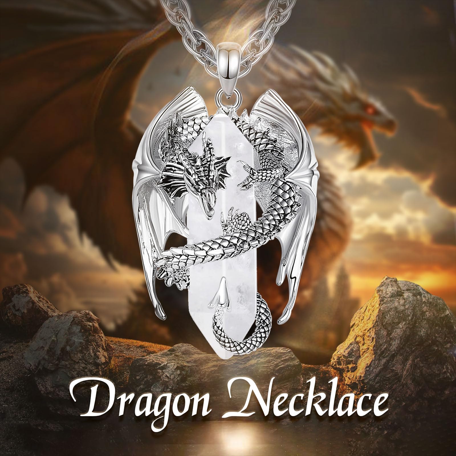 INFUSEU Kristall Drachen Kette, Nordischer Drache Gewickelter Zylinder Edelstein Anhänger Gothic Naturkristall-Schmuck