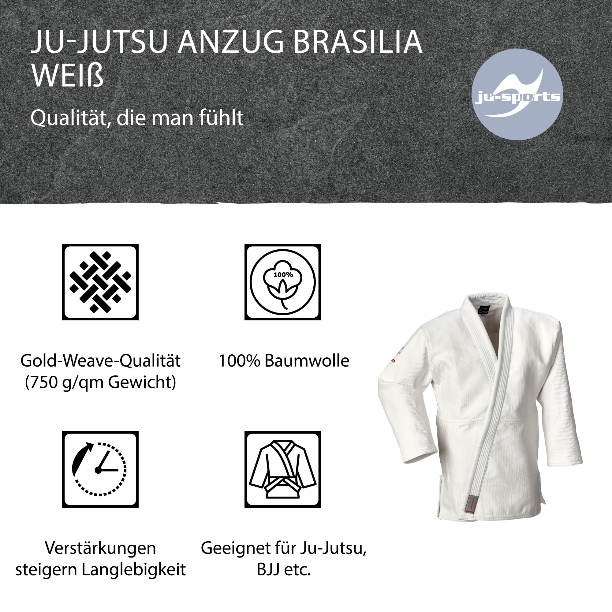 Ju-Sports Ju-Jutsu Anzug Brasilia Weiß I Moderner Jujutsu Anzug für Erwachsene I BJJ Gi Herren fürs Training I Doppelt verstärkter Brust- & Schulterbereich I 100% Baumwolle