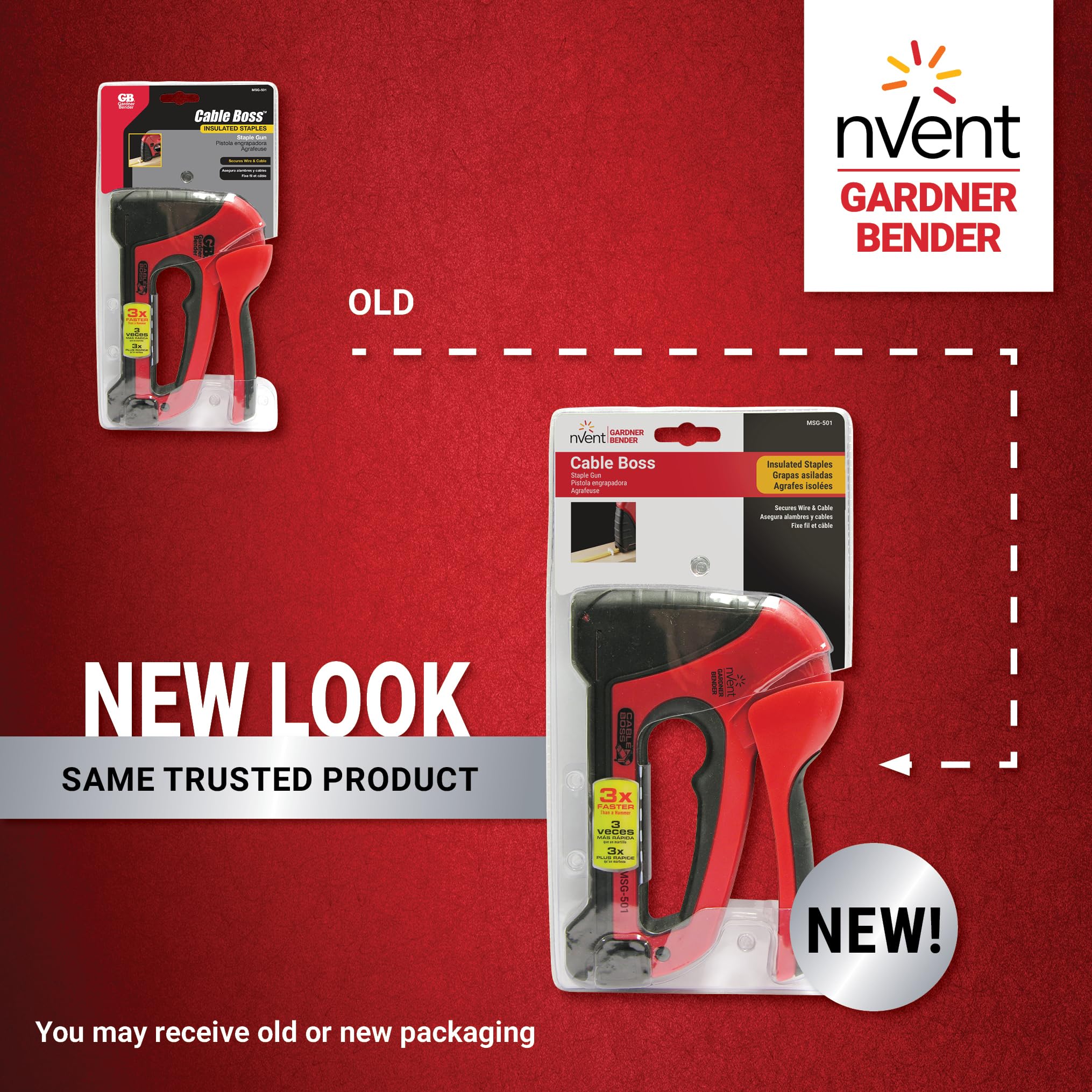 Gardner Bender MSG-501 Pistolet agrafeur de câble robuste de qualité professionnelle, sécurise les câbles coaxiaux (NM) et basse tension, rouge