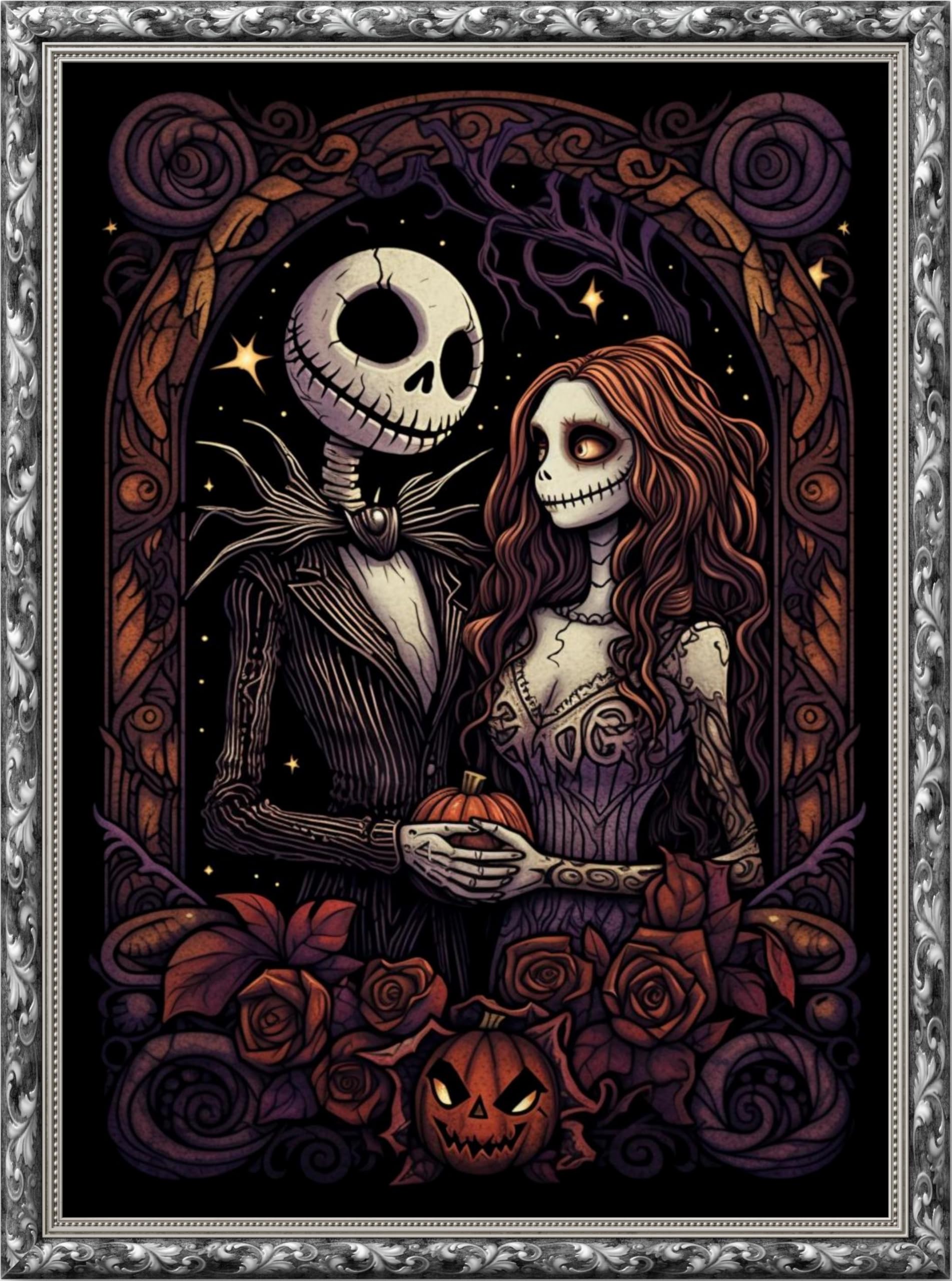 Leczany DIY 11CT Stamped Cross-Stitch Kit - Pre-Printed Embroidery Starter Kit, Needlework Canvas Handicrafts Kit for Adults or Kid for Beginners - Halloween Couples 33x46cm