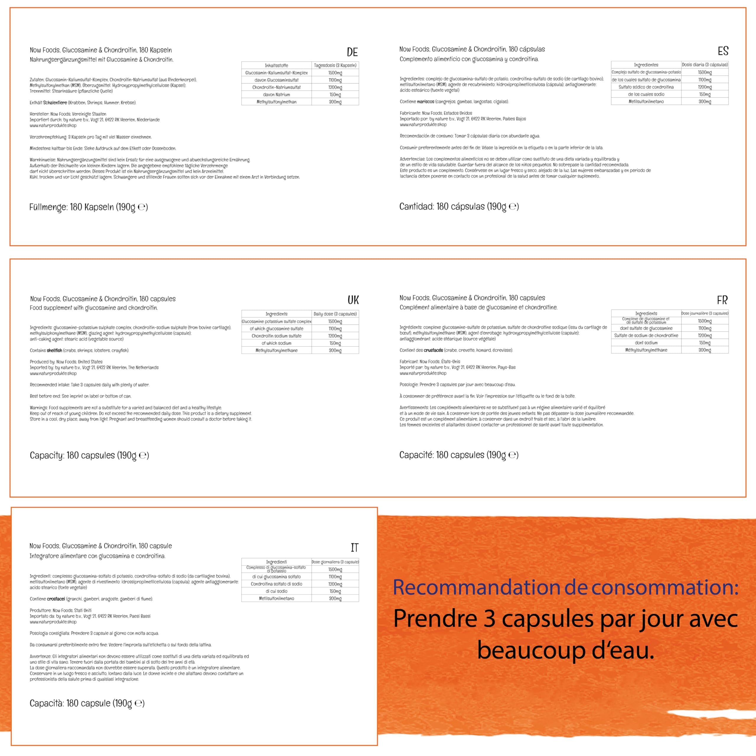 Now Foods, Glucosamine & Chondroïtine avec MSM, 180 Capsules, Testé en Laboratoire, Sans Soja, Sans Gluten, Sans OGM