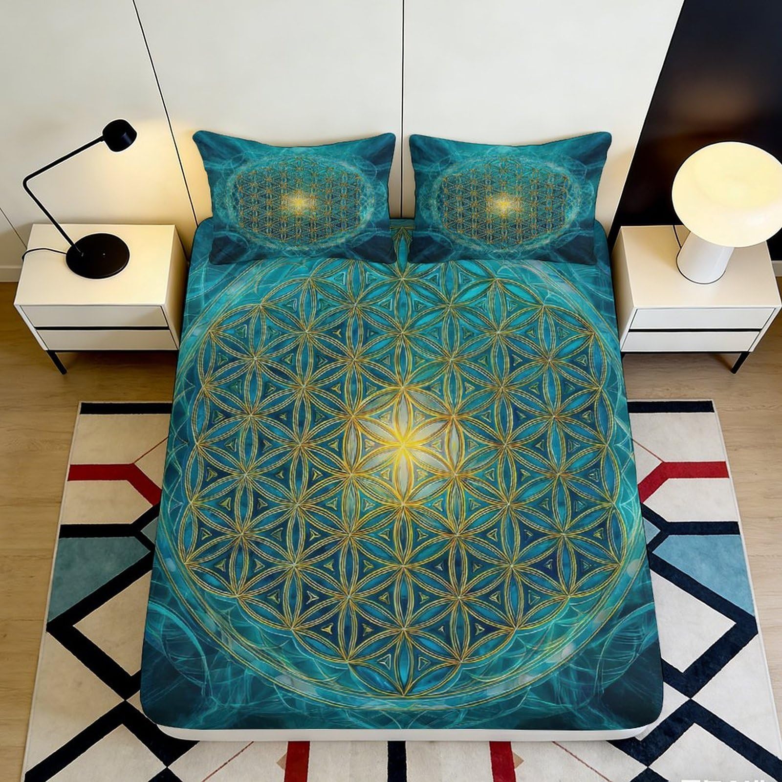 Pnayamiorkfel Style-3 3D Printed Sacred Geometry Fitted Sheet Microfiber Anti-Slip Sunburst Bed Cover For Bedroom Dorm Guest Room Decor 90X200x25cm