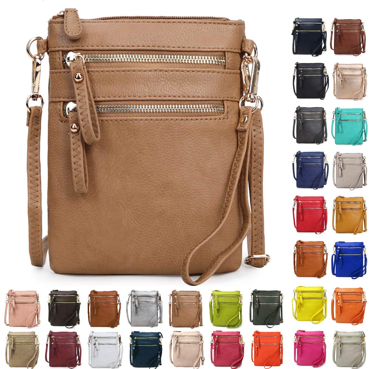 SoleneSmall Crossbody Bag for Women, Multi Zip Pockets with Detachable Wristlet, Lightweight Travel Purse, Cell Phone Pouch