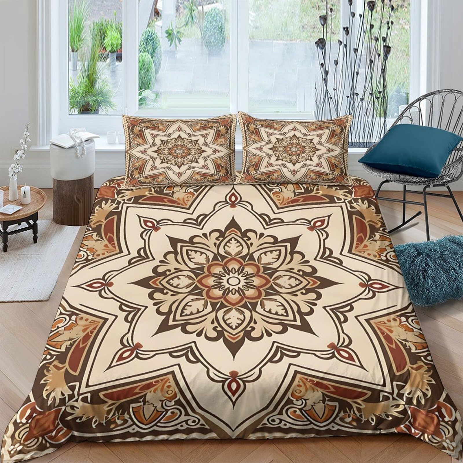 GPLZQXKJNH 3D Printed Bohemian Mandala Duvet Cover Microfiber Soft Breathable Geometric Bedding Set with 2 Pillowcases for Bedroom Decor Single（135x200cm）