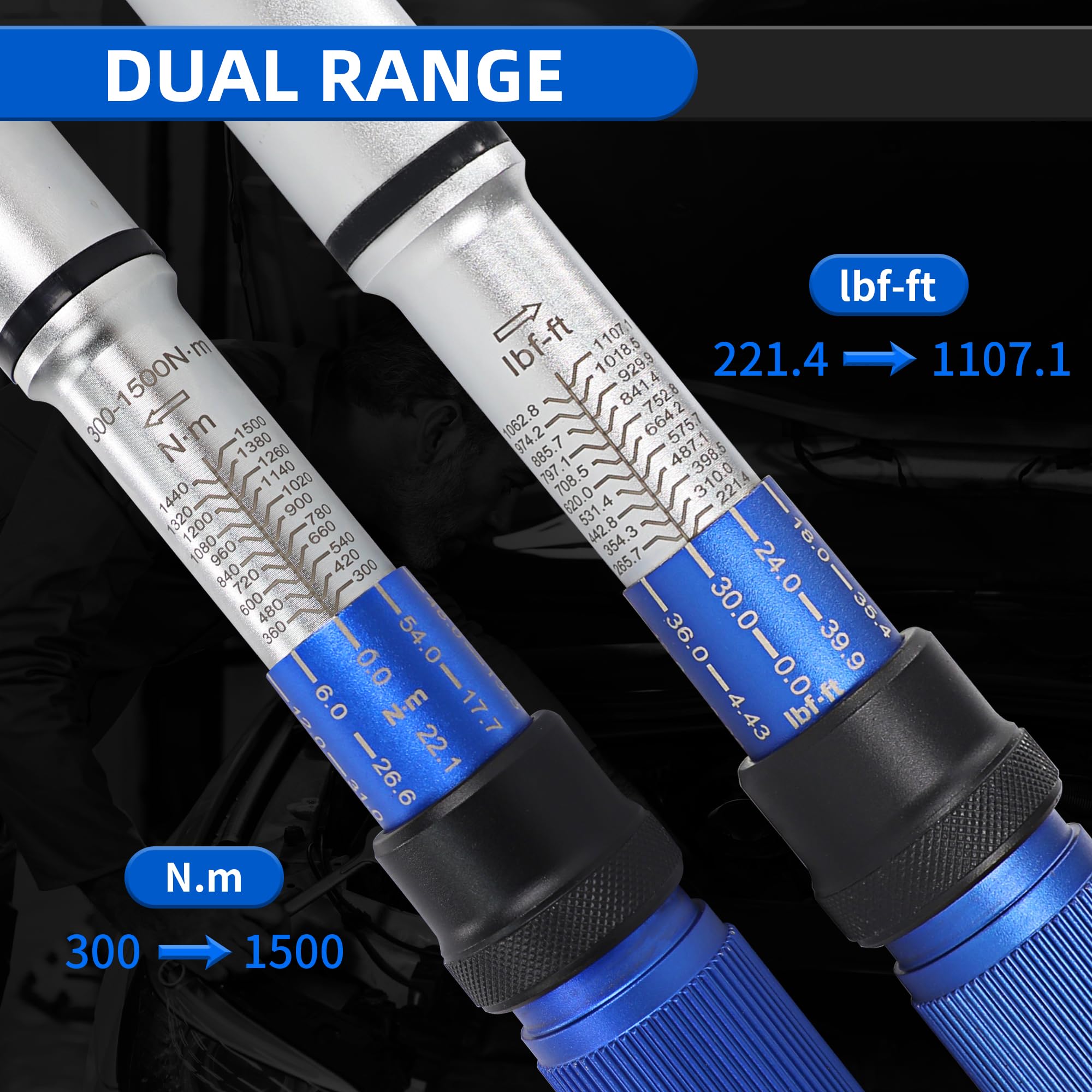 Llave Dinamometrica 1", Llave de torsión 300-1500Nm, Precisión ±3% Llave Dinamometrica Bicicleta, Llave Dinamometrica 24 dientes para Coche Motocicleta etc