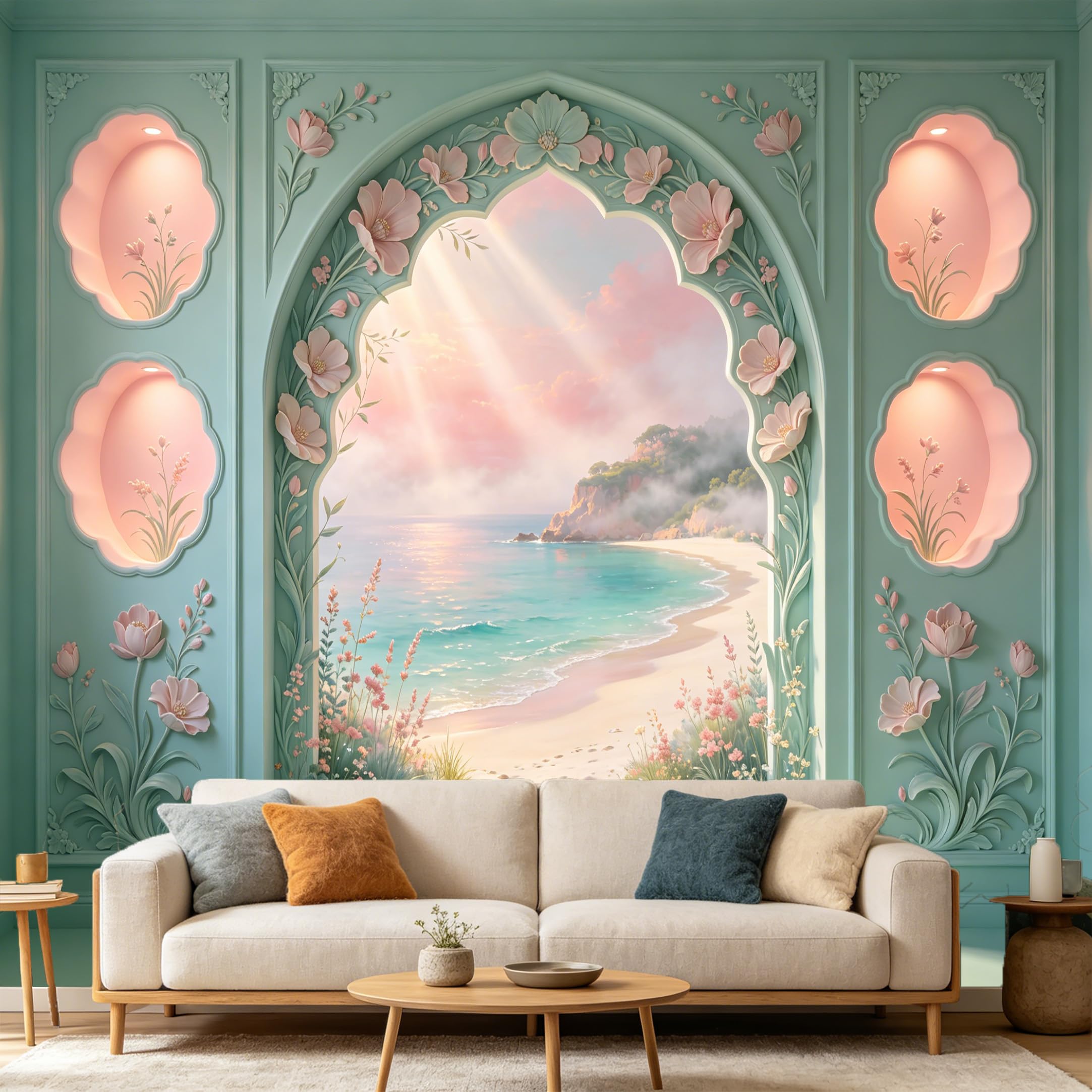 Custom Size Wall Mural， 3D Coastal Ocean View Botanical Archway， SelfAdhesive Art Prints wall Fabric Removable Large Wallpaper Home Living Room Decor Aesthetic Interior Wall Art