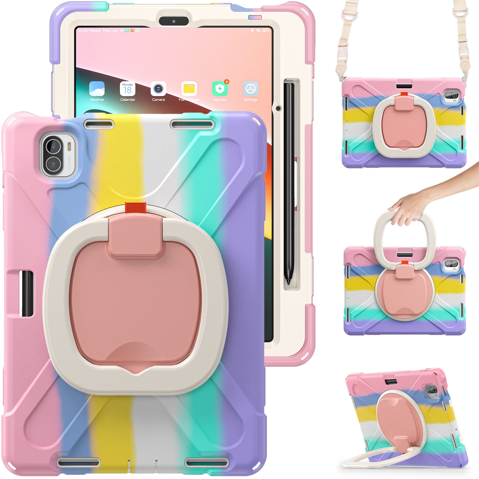 Podróż na tablecie Odporny na wstrząsy ciężki TPU Obudowa dla Xiaomi Mi Pad 5/MIPAD 5 Pro 11-calowa 2021, Obrotowy uchwyt ramię, ochronną osłonę odporną wstrząs uderzenie(COLOURFUL PINK)