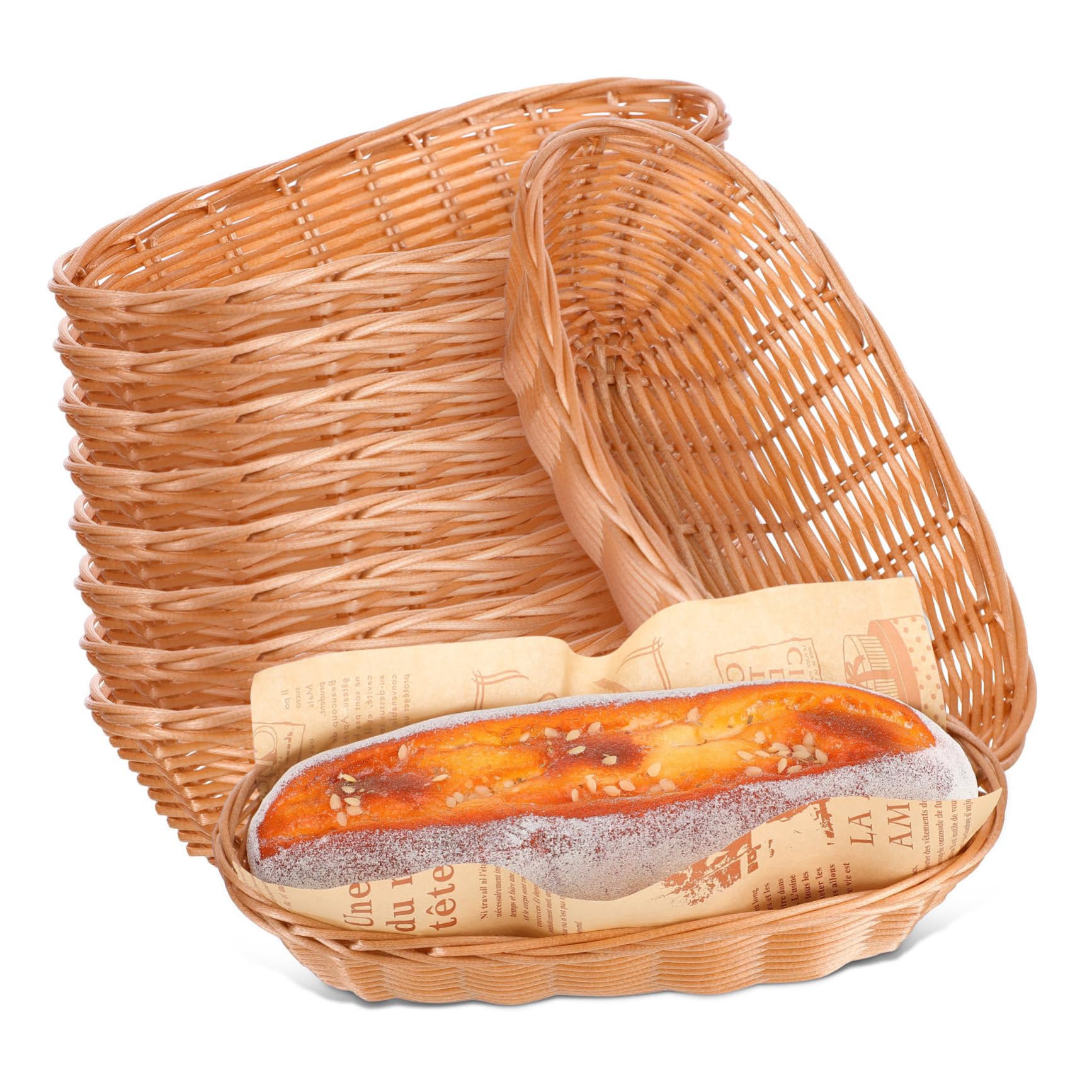 10Pcs Woven Bread Baskets Breathable Plastic Rattan Food Serving Holders Lightweight Easy to Clean for Breads Fruits and Snacks for Family and Friends