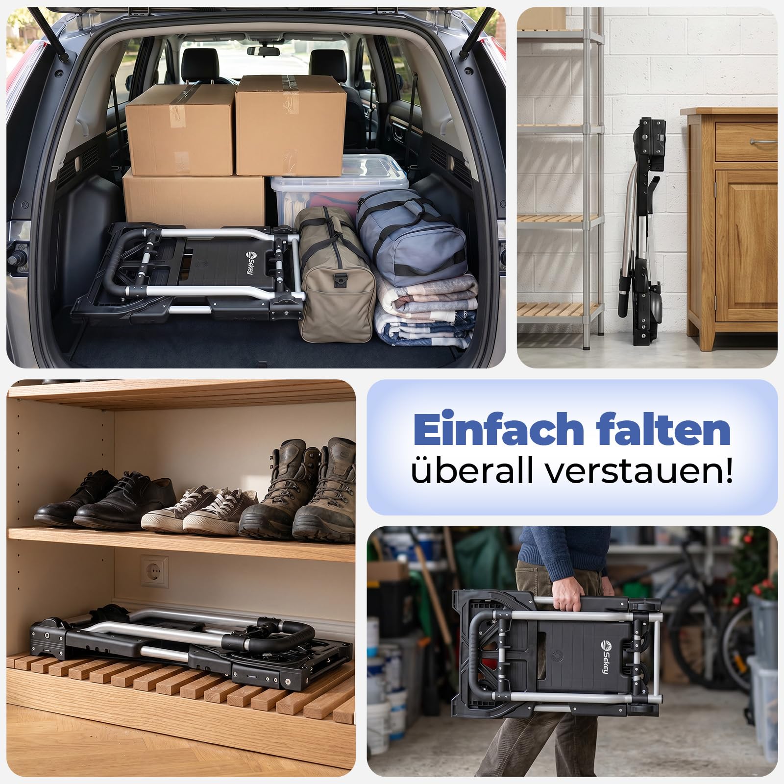 Sekey Sackkarre Klappbar & Klappbarer Transportwagen 2-in-1, Aluminium Plattformwagen belastbar bis 150 kg, Transportkarre mit TPR-Doppellagerräder, Bremse & Ergonomischem Griff, Schwarz