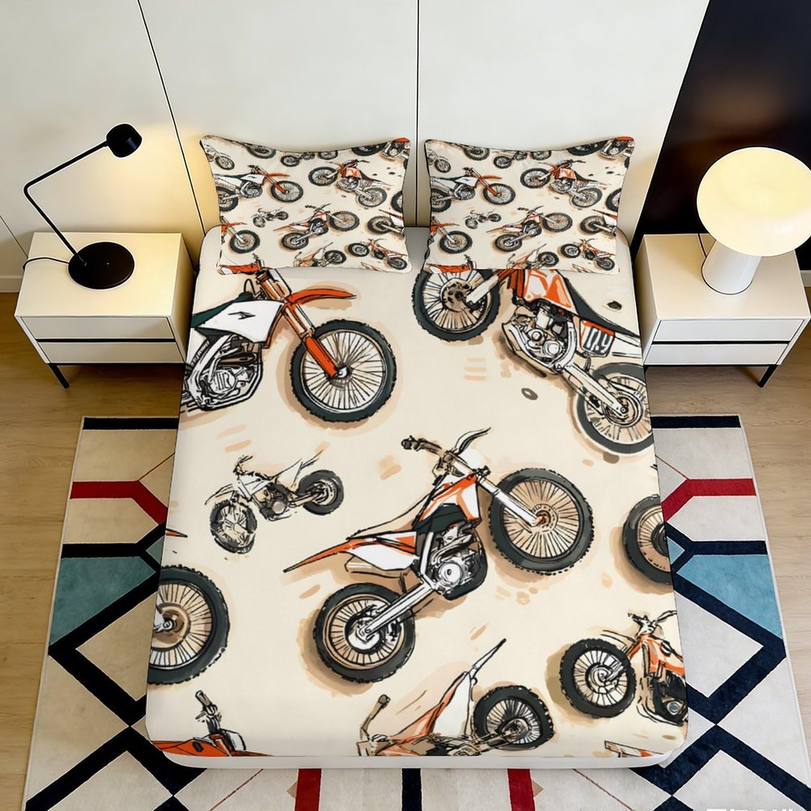 3D Printed Orange Dirt Bike Fitted Sheet Microfiber Soft Breathable Motocross Bed Cover for Bedroom Decor 90x200x25cm