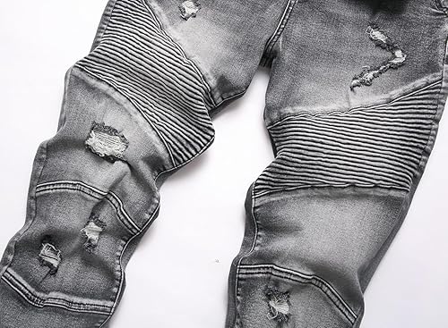 Miniatura 3 de XIMXIMMTIAN Jeans de mezclilla para hombre estilo motociclista, lavados, desgastados, ajustados y rectos