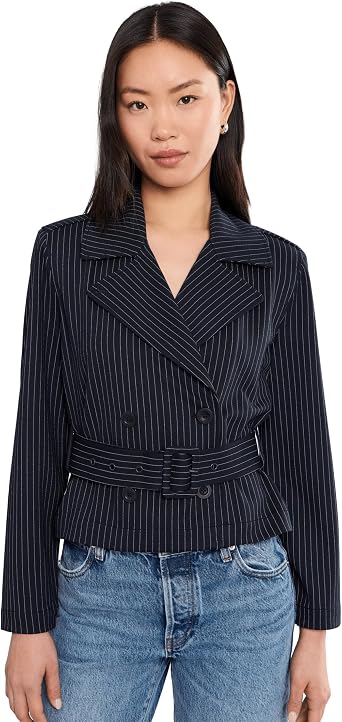 Liverpool Los Angeles Petite Cropped Pinstripe Trench Jacket With Belt