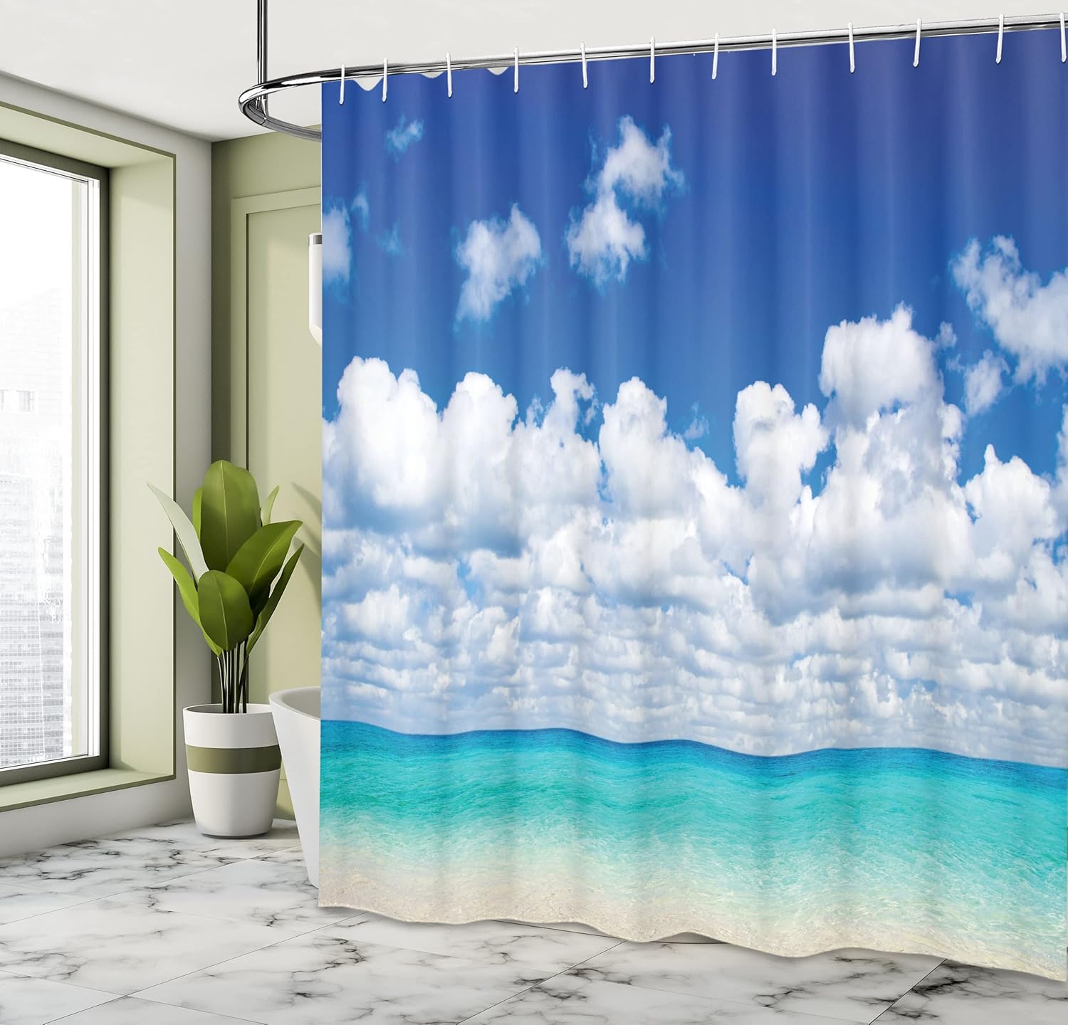 Ambesonne Ocean Shower Curtain, Paradise Beach Tropical Hawaiian Exotic Sky Color with Clouds Scenery, Cloth Fabric Bathroom Decor Set with Hooks, 69" W x 75" L, Turquoise White
