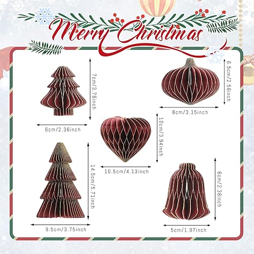 Miniatura 5 de 5 piezas de papel de panal de abeja rojo para decoración de Navidad, 3D con borde de purpurina en forma de corazón, adornos de árbol de Navidad,