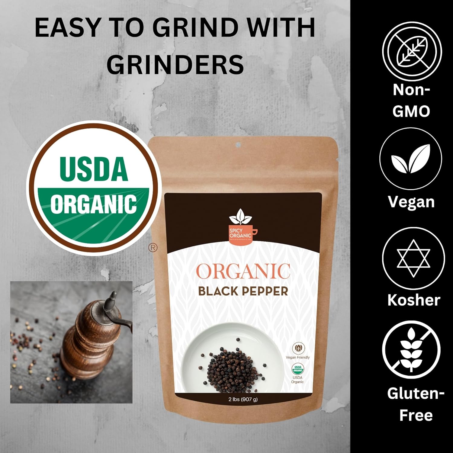 Spicy Organic Ceylon Black Peppercorns Whole 3 LB (48 OZ) – USDA & Kosher Certified, Gluten-Free & Non-GMO – Pure Ceylon Premium Quality Organic Pepper, Perfect for Grinder Refill