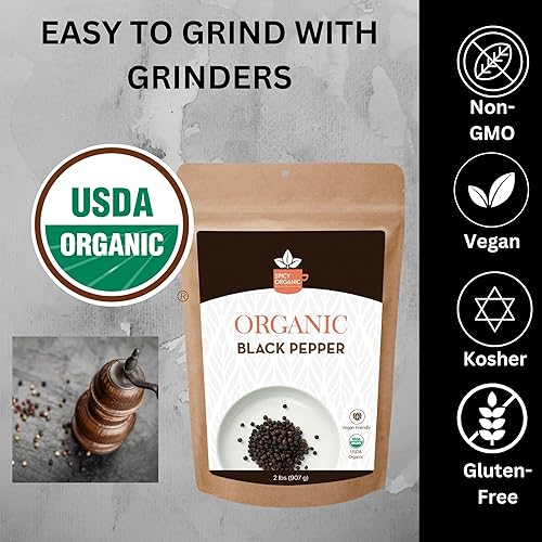 Vista 11 de Spicy Organic Ceylon - Granos de pimienta negra enteros de 4 onzas – Certificado USDA y Kosher, sin gluten y sin OMG – Pimienta orgánica pura