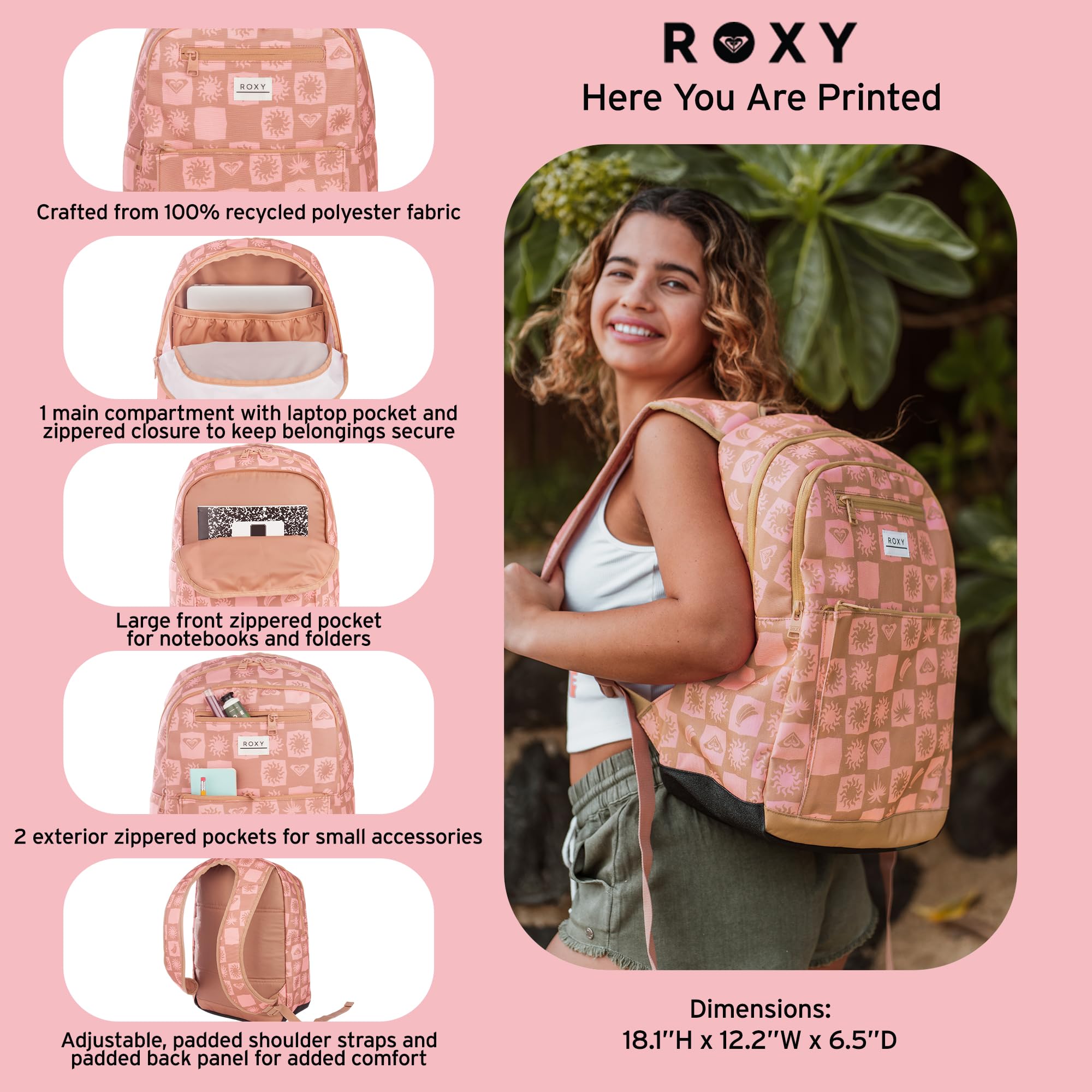 Roxy Mochila Here You Are para mujer, viajes, vacaciones, transporte diario, 23 l, funda para laptop, mochila con correas acolchadas, Hacha Sunsquare Camel, One Size, Mochila Here You Are | Viajes |