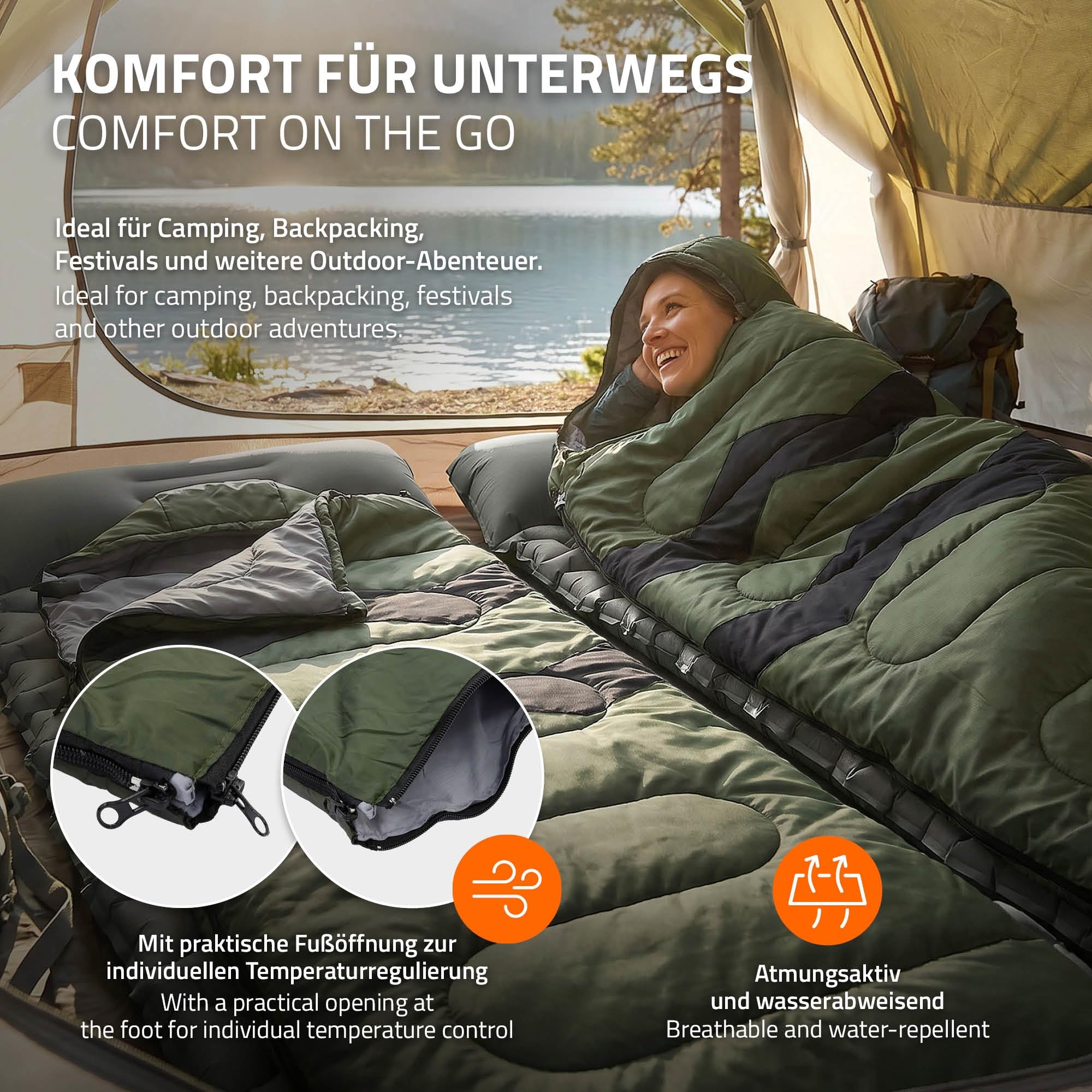 ECD Germany Spiwór Camping 210 cm, Lekki i Cieply Spiwór Outdoor Turystyczny 3 Sezonowy, Spiwór Kocowy o Kompaktowym Rozmiarze na Camping, Trekking, Sleeping Bag na Wedrówki i Podróz, Khaki