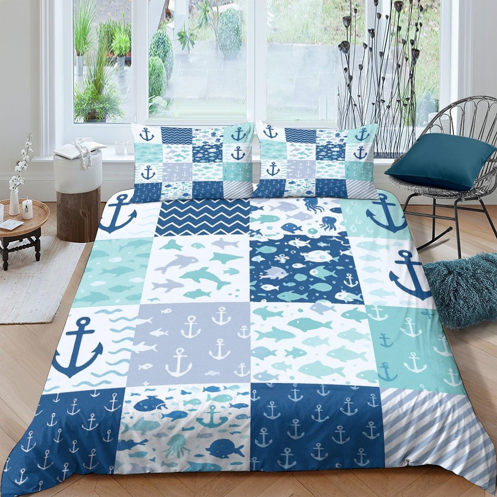 Ctjqhvkz Style-7 3D Printed Nautical Anchor Fitted Sheet Microfiber Soft Blue Patchwork Ocean Bed Cover For Bedroom Guest Room Decor Single（135X200cm）