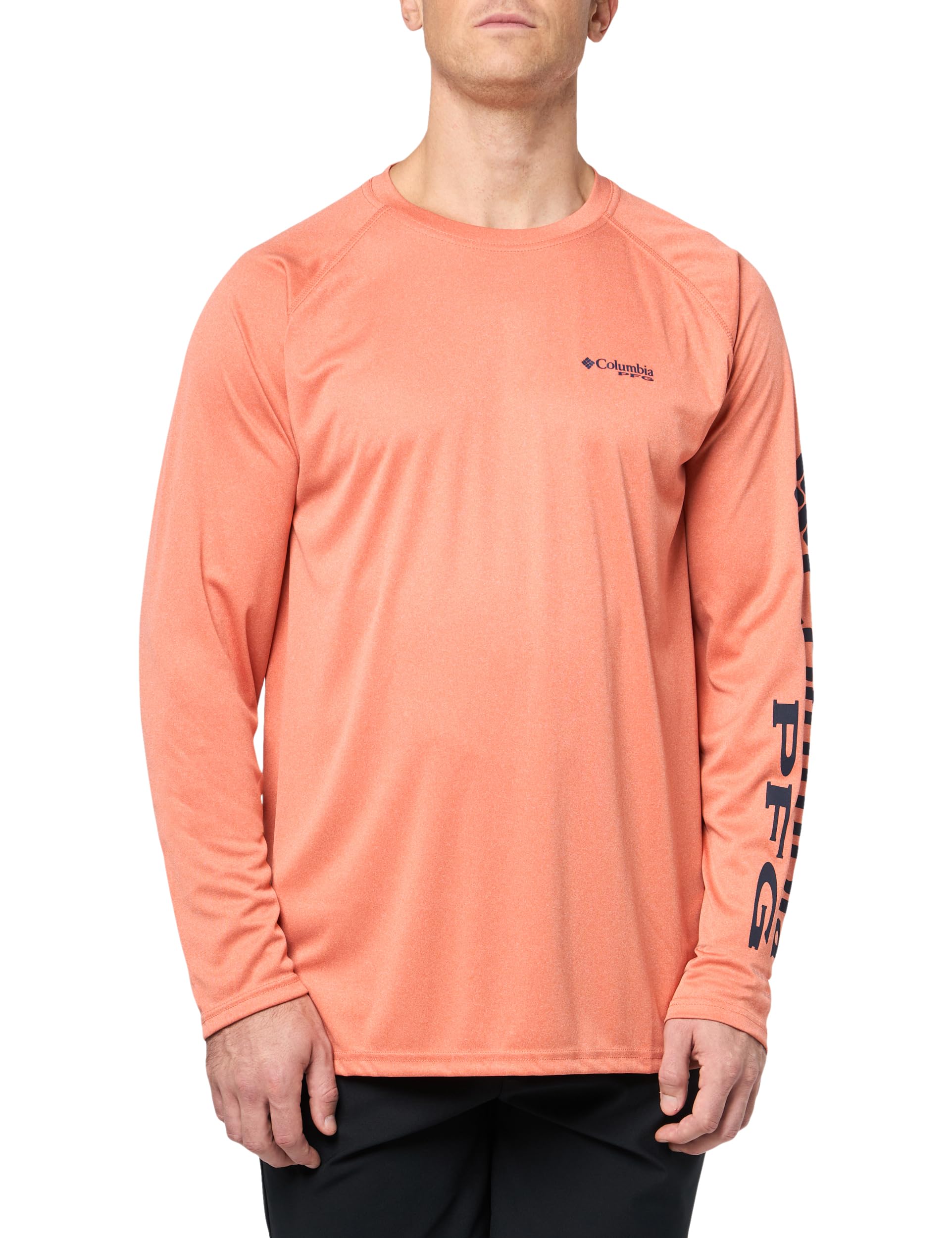 Columbia Men's Terminal Tackle Heather Long Sleeve Shirt, Faded Peach Heather/Collegiate Navy Log, XX-Large