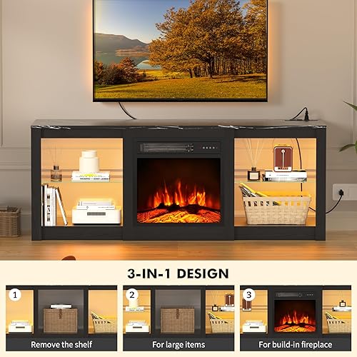 Miniatura 2 de Soporte de TV de 58 pulgadas con chimenea de 18 pulgadas, centro de entretenimiento con luz LED para TV de 65 pulgadas, gabinete de TV negro con