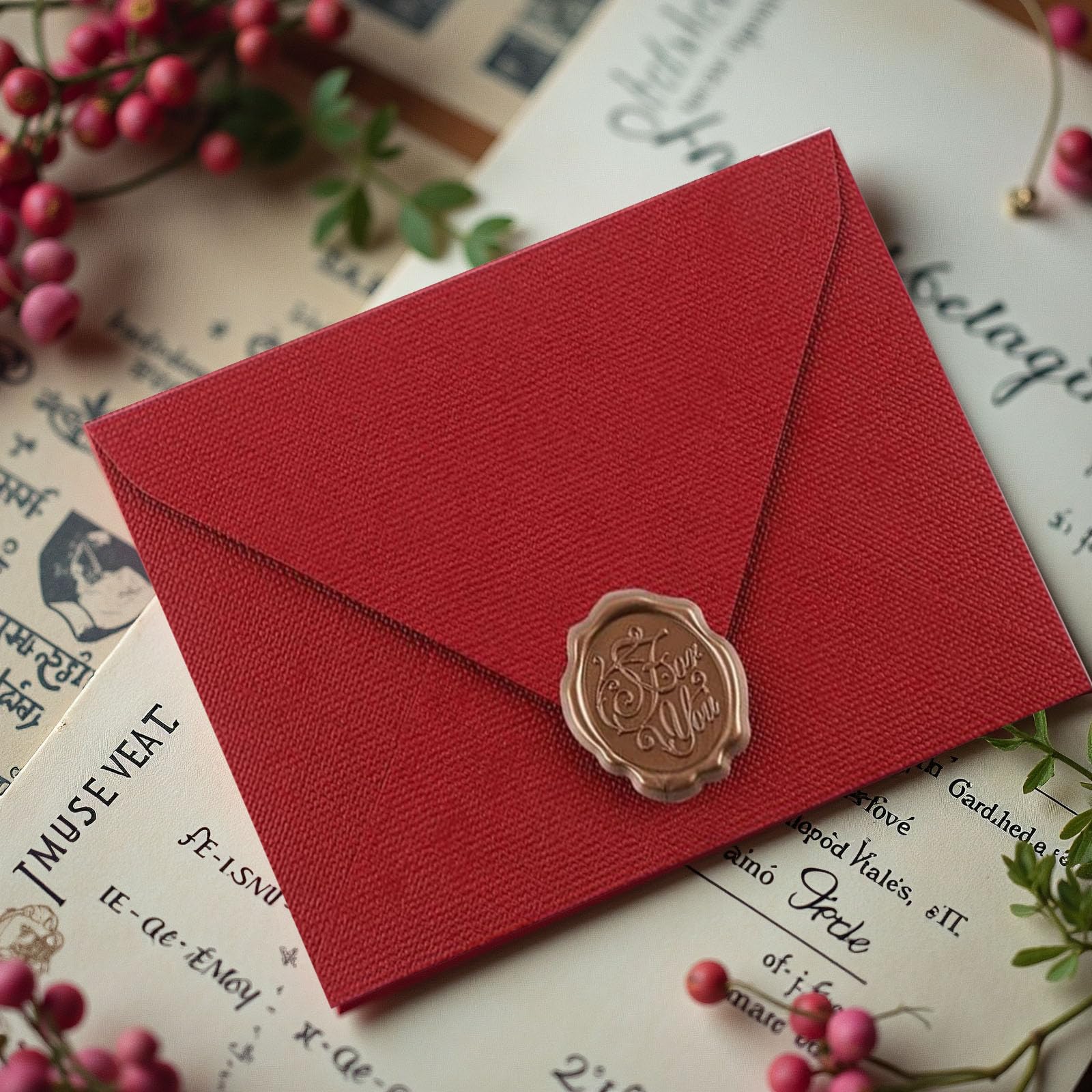 Set di 22 pezzi carta da lettere vintage A5 con 6 buste in lino e sigilli di cera per inviti nozze