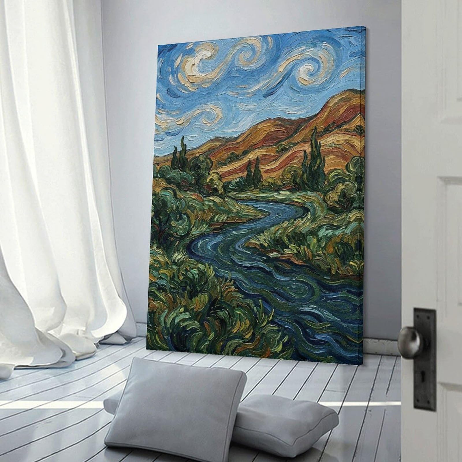 Junmoney Impressionist Landscape with River And Mountains Wall Art Print, 20x30inch(50x75cm), for Study, Office Or Focused Interiors, Home Office Artwork with Decorative Appeal